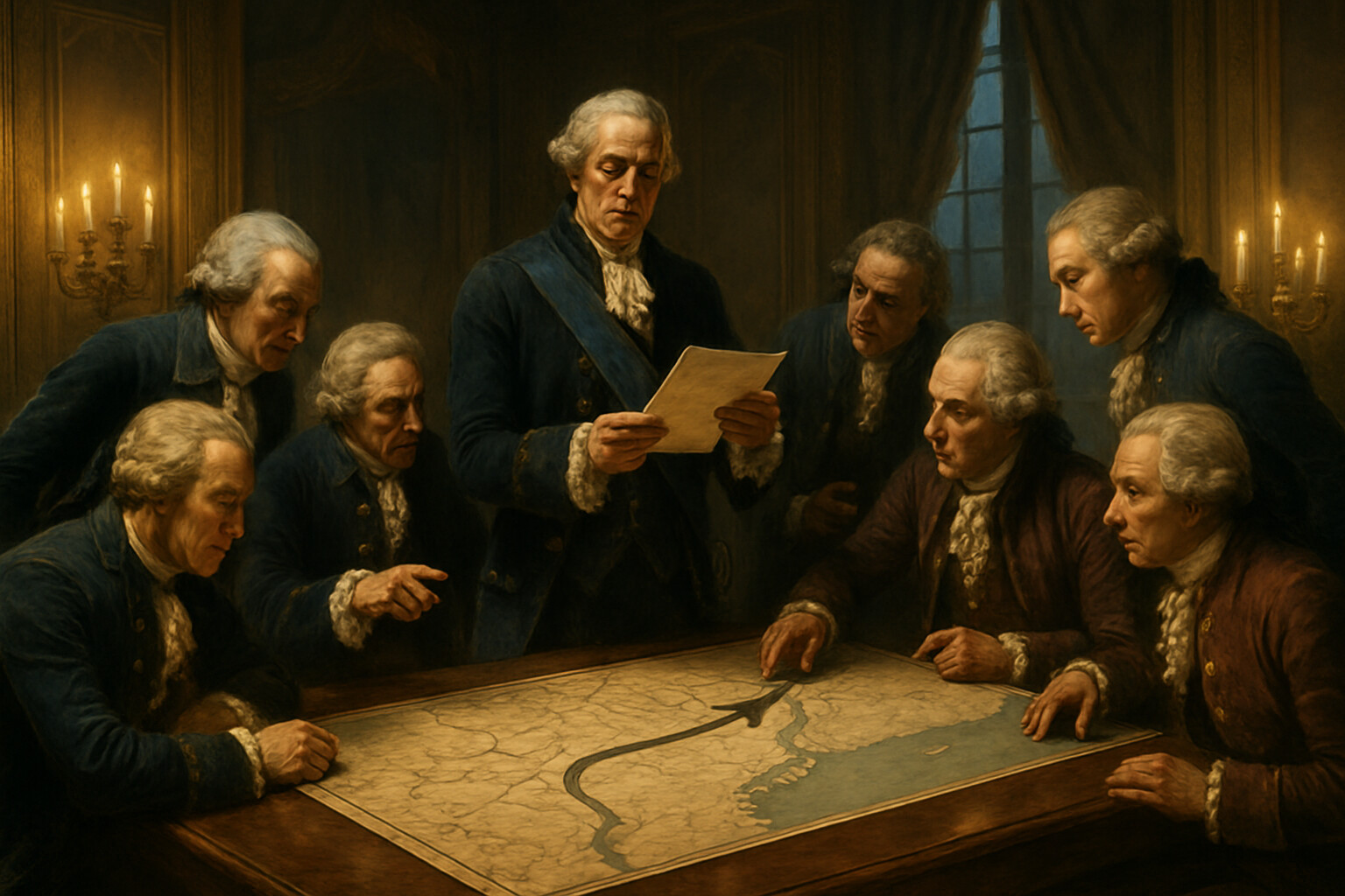 Legacy visual: the French court at Versailles reacting to the news of Saratoga—the Comte de Vergennes presenting the news of Burgoyne's surrender to Louis XVI, with ministers gathered around a table bearing a map of North America.