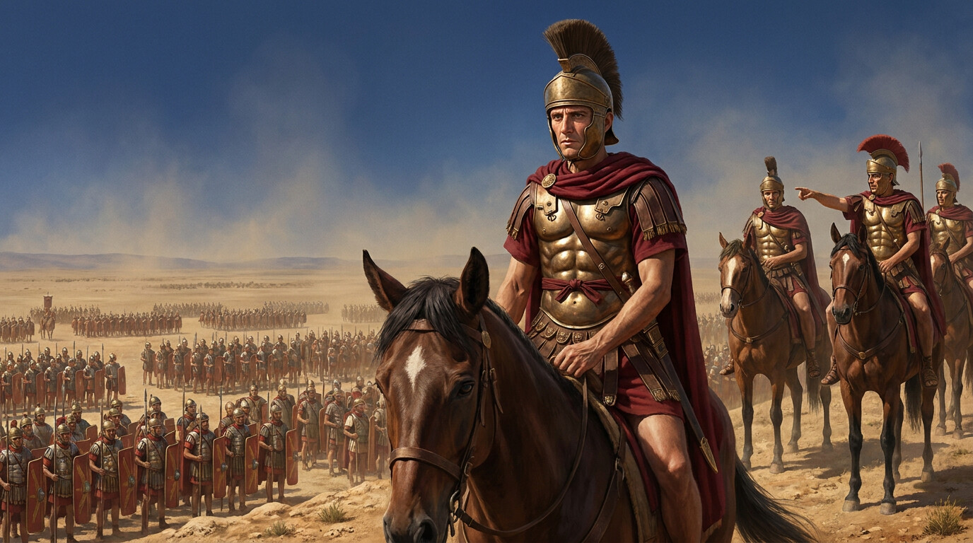 Scipio before the battle: a portrait of the Roman consul on horseback surveying his arranged formations before the engagement, his face showing focused concentration rather than dramatic heroism. His officers are around him. The plain stretches behind him.