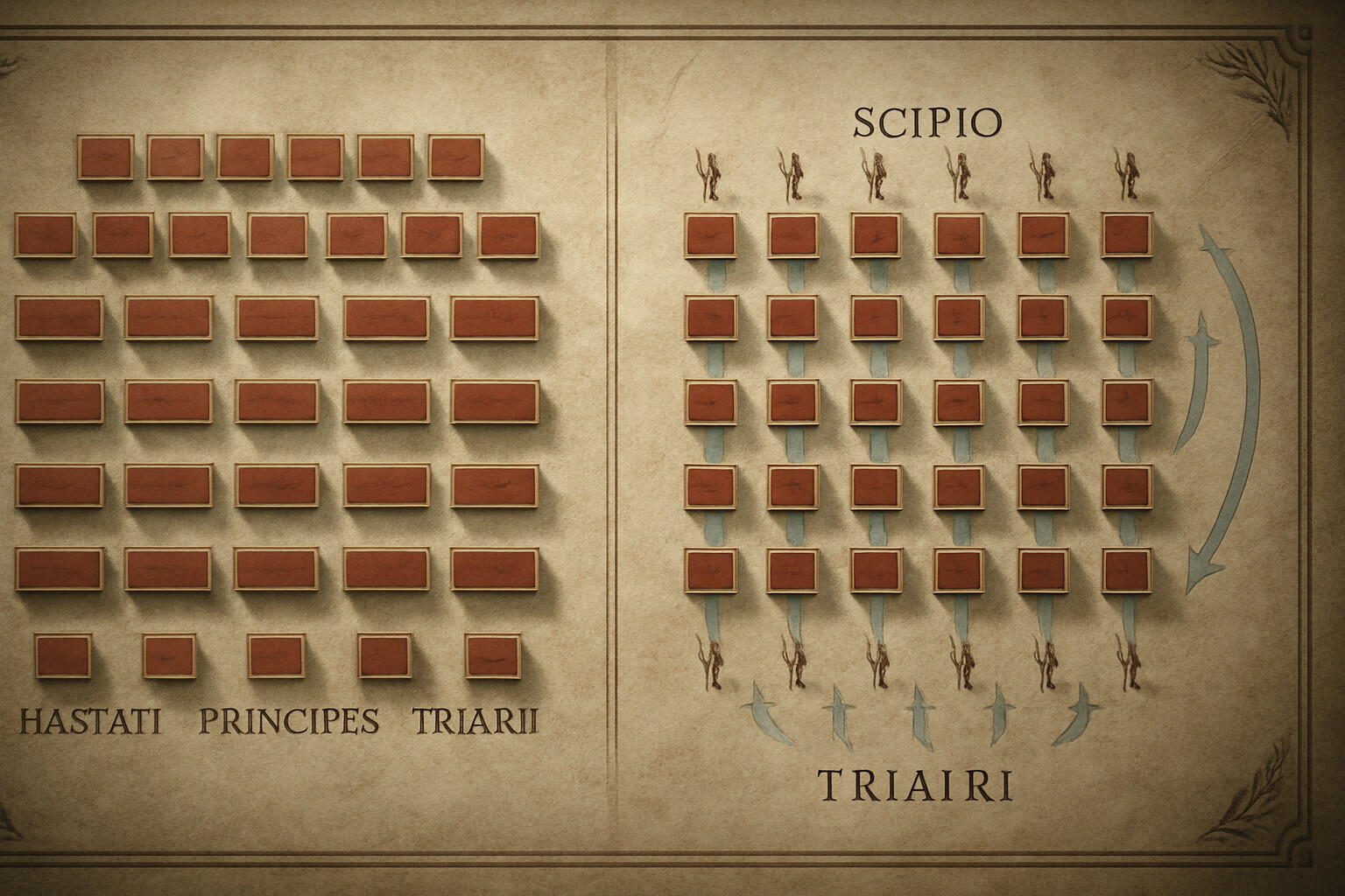 Tactical diagram panel: a visual breakdown of Scipio's lane formation — showing the standard manipular checkerboard alongside his modified aligned formation, with arrows indicating the elephant channels and velite positions. Clean, informative, visually dramatic.