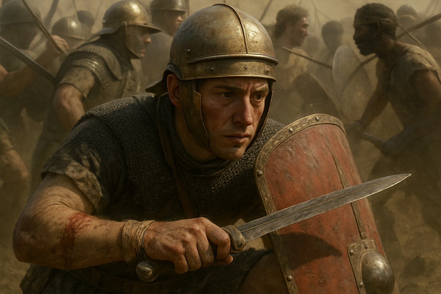 Intimate human scene: a Roman legionary in his early twenties during a brief pause in the infantry fighting — crouching behind his scutum, breathing hard, blood on his forearm from a cut, looking at the enemy lines ahead with exhaustion and determination. The chaos of close combat is all around him.