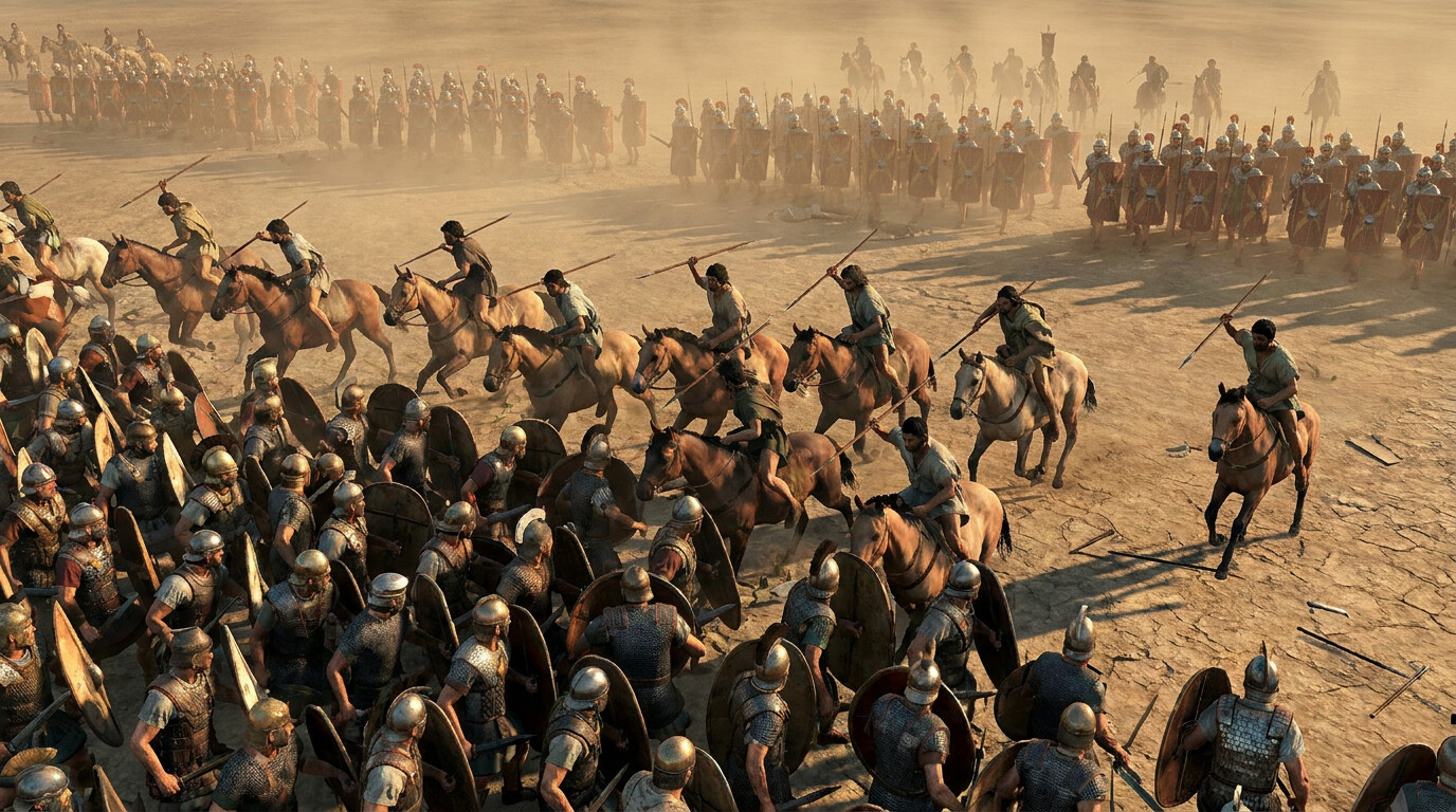 The decisive cavalry return: Masinissa's Numidian horsemen crash into the rear of Hannibal's veteran third line from behind while Scipio's reformed infantry presses from the front. The Carthaginian veteran formation is caught between two forces. The moment of collapse.