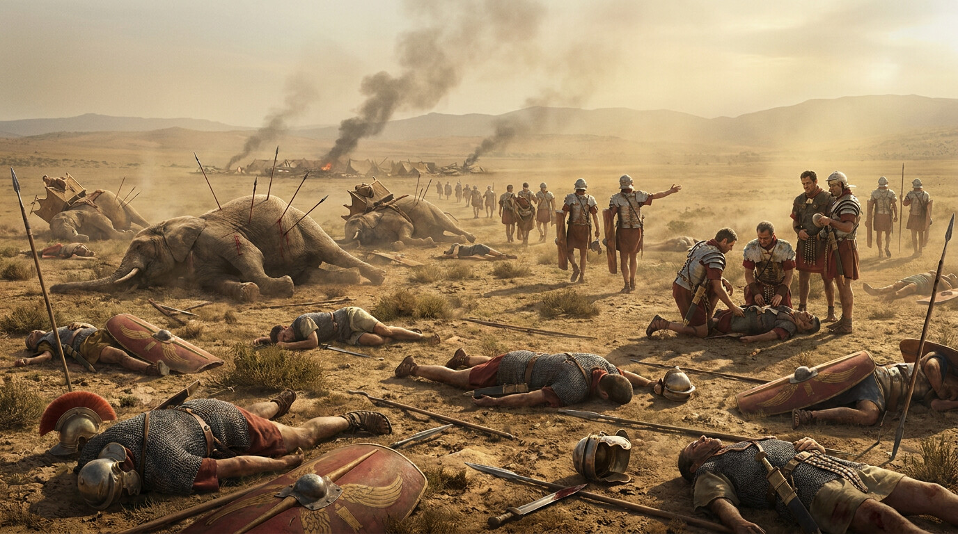 The aftermath: the battlefield after Zama — bodies of men and fallen elephants across the plain, Roman soldiers moving through the field, some kneeling beside the fallen. Distant smoke. The brutal reality of what a decisive ancient battle looked like when it was over.