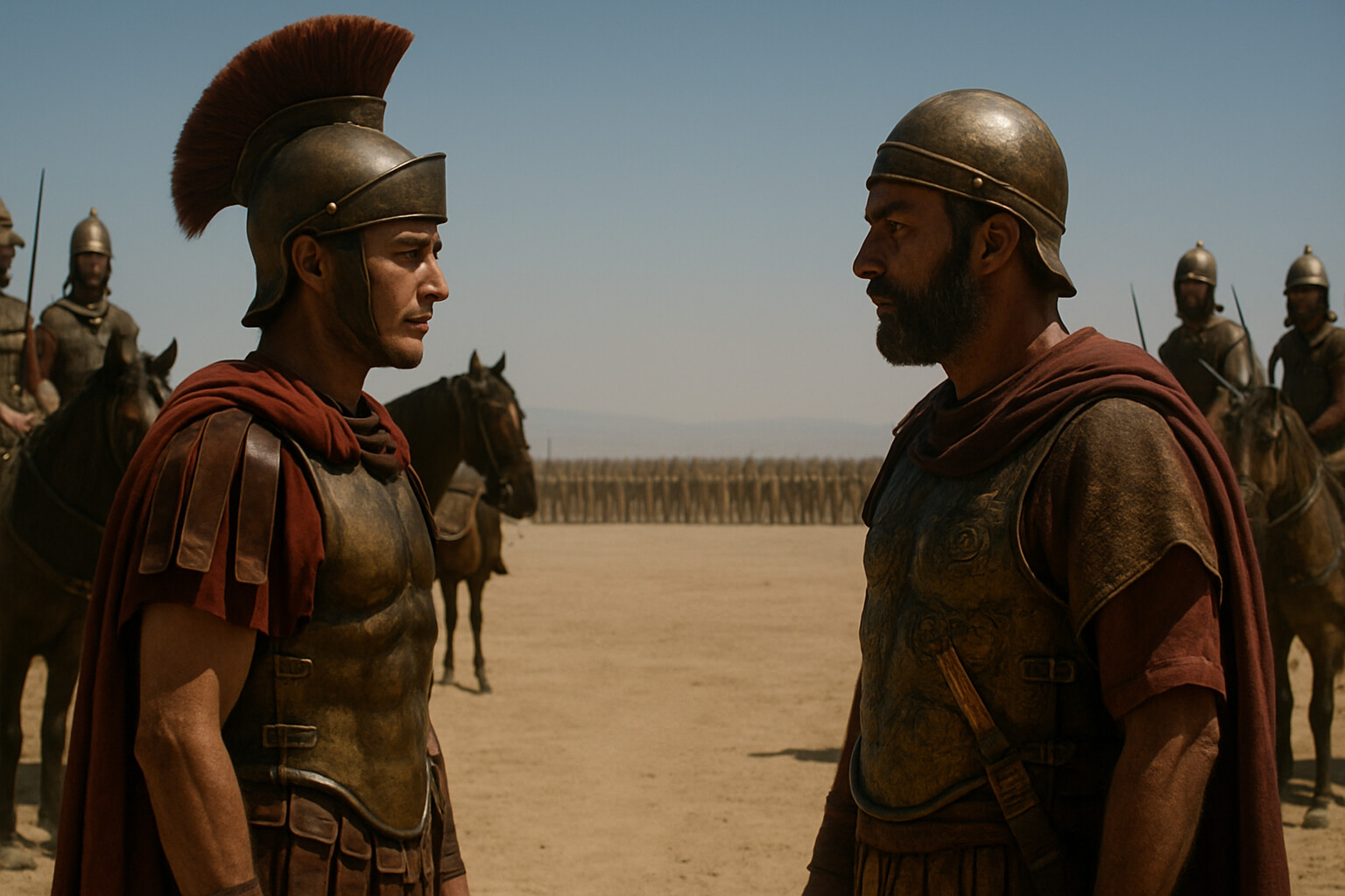 The pre-battle meeting: Scipio and Hannibal face each other between the battle lines, each accompanied by a small escort, on the open plain before the fighting begins. Two commanders at the apex of their confrontation — the intellectual and physical weight of fifteen years of war between them.