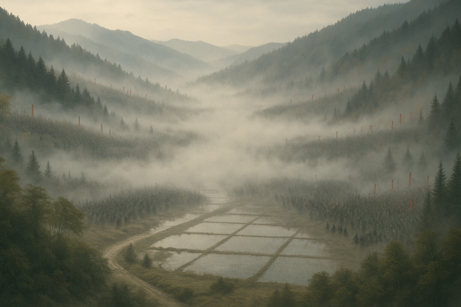 Battlefield geography: the valley of Sekigahara from above, showing both armies' deployment positions on the ridges and valley floor in the early morning fog, with the road and rice paddies below.