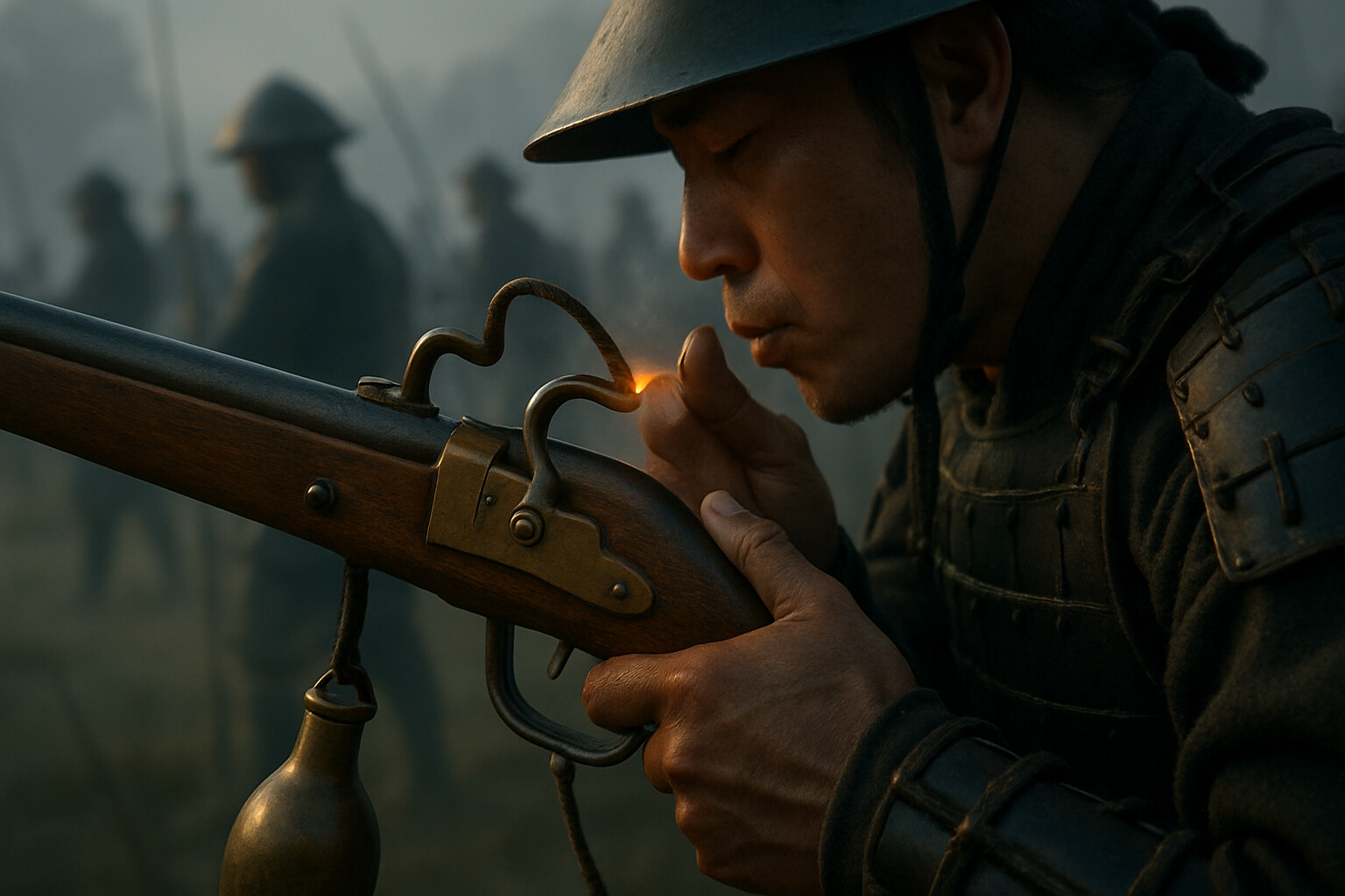 Equipment detail: a close-up of a Japanese matchlock arquebus (tanegashima/teppo) being readied by an ashigaru foot soldier, showing the slow match, powder flask, and the weapon's construction in historically accurate detail.