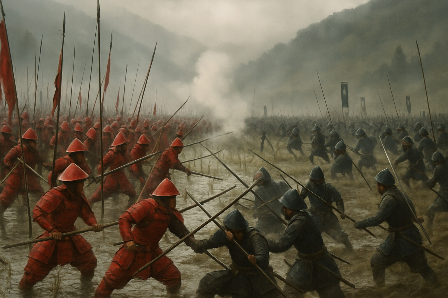 Action panel: the main valley engagement at its height—the Ii clan's red-armored soldiers (the Red Devils) advancing through rice paddies toward Western Army positions, arquebus smoke rising, spear formations pushing forward, fog beginning to lift from the valley.