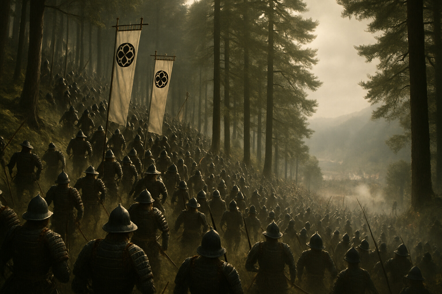 The decisive moment: Kobayakawa Hideaki's forces descending Mount Matsuo to strike the Western Army's flank—a mass of soldiers cascading down a wooded hillside, banners visible, the moment of betrayal made visible.
