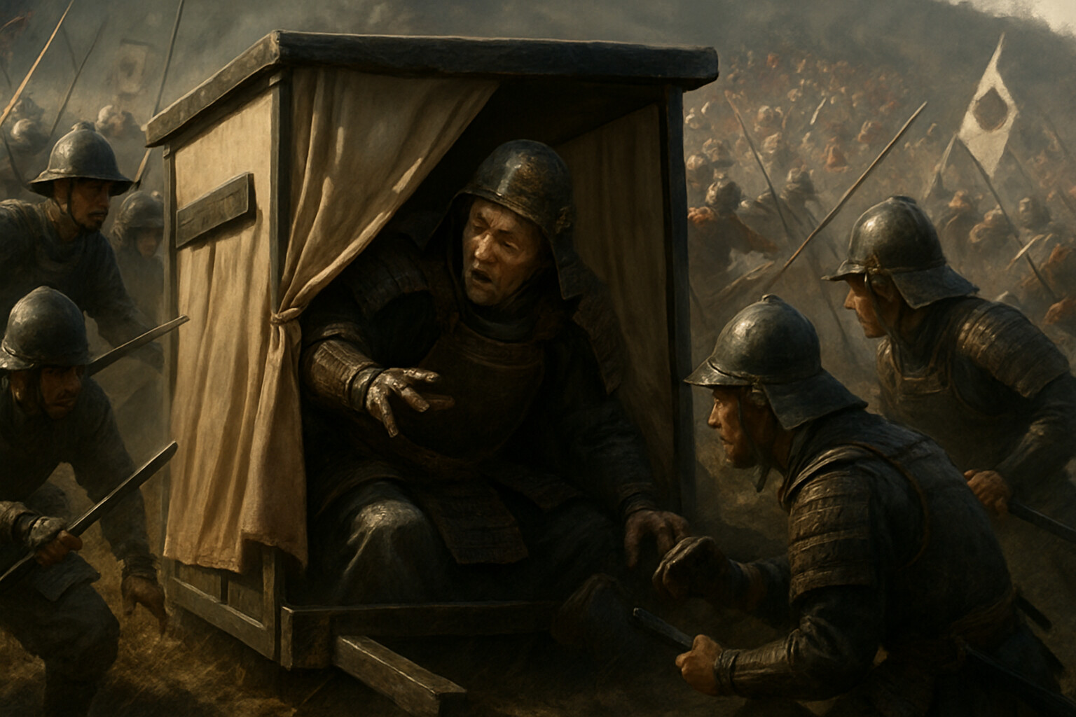 Human intimate scene: Ōtani Yoshitsugu behind a screen or blind, carried in a palanquin, directing his men's resistance as Kobayakawa's forces strike—a sick man fighting with everything remaining to him while his coalition disintegrates around him.