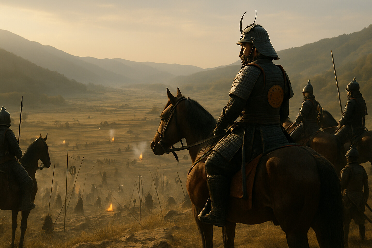 Aftermath and legacy: Ieyasu on horseback surveying the valley after the battle's end, fallen banners of the Western Army visible below, his commanders around him—the moment of a man who has become the most powerful person in Japan, with the weight of it visible.