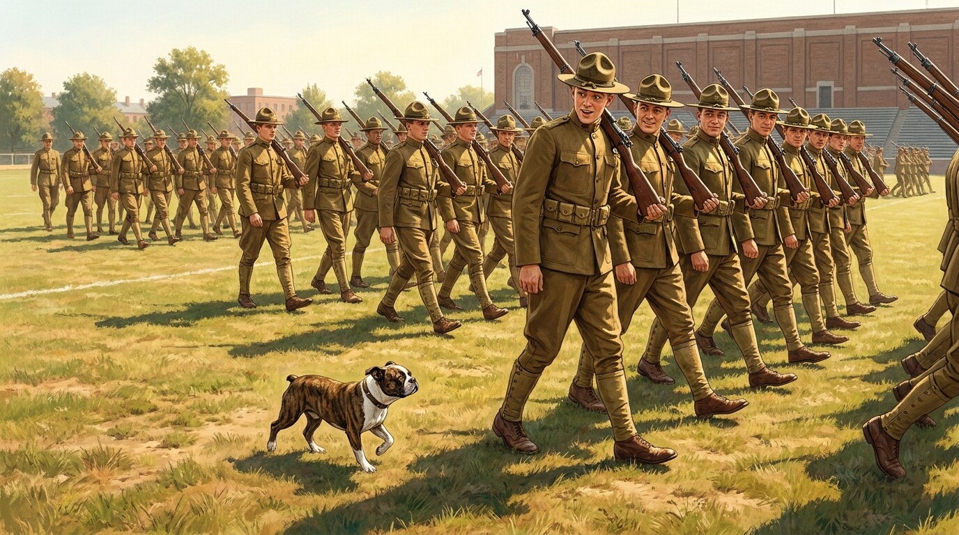 Establishing shot: Yale Field, New Haven, Connecticut, summer 1917. Soldiers drilling in summer heat, and among them, a small brindle dog trotting through the formation, tail stub wagging, clearly making himself at home.