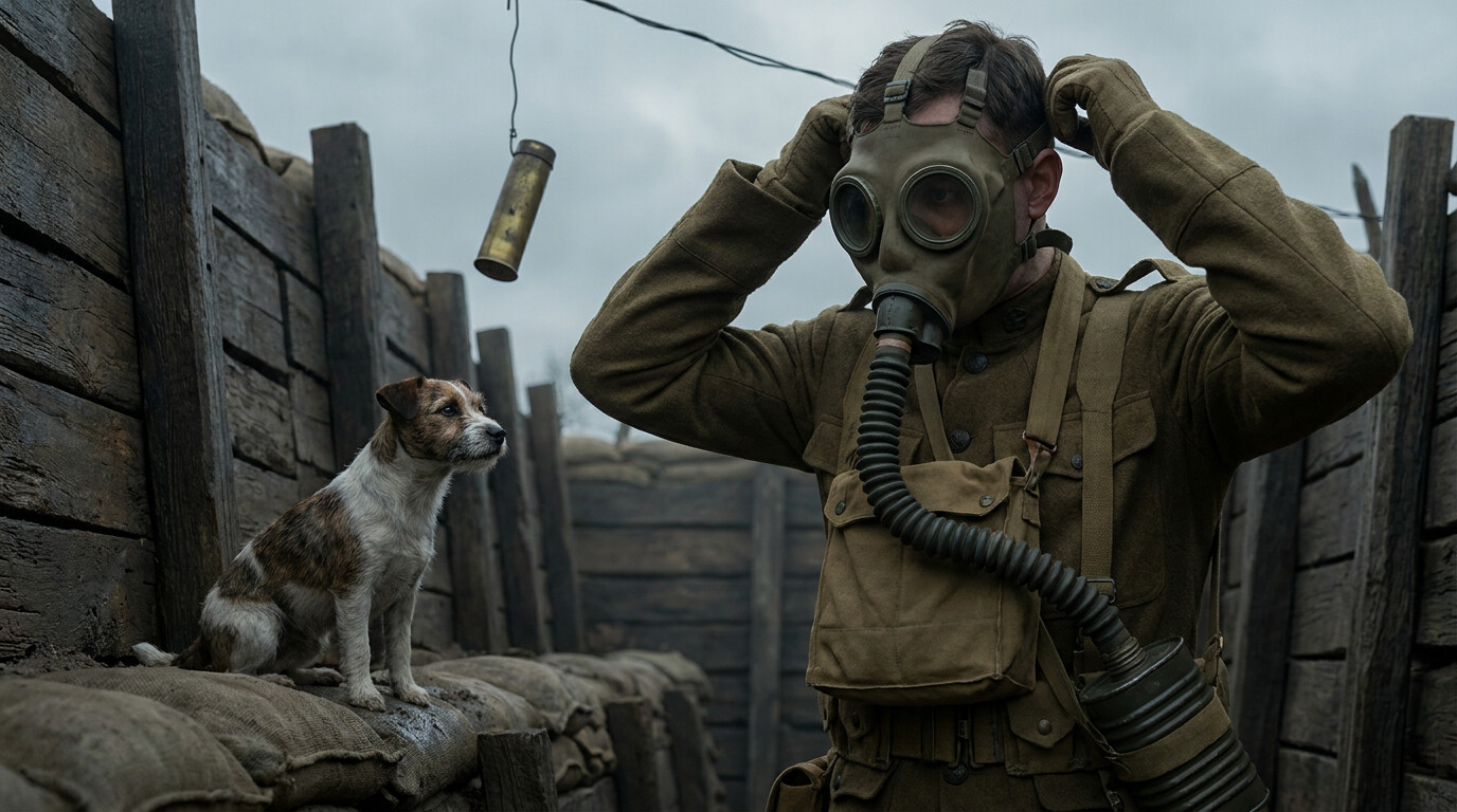 Equipment breakdown panel: The gas mask (Small Box Respirator) and the trench environment, showing how gas protection worked and why seconds mattered.