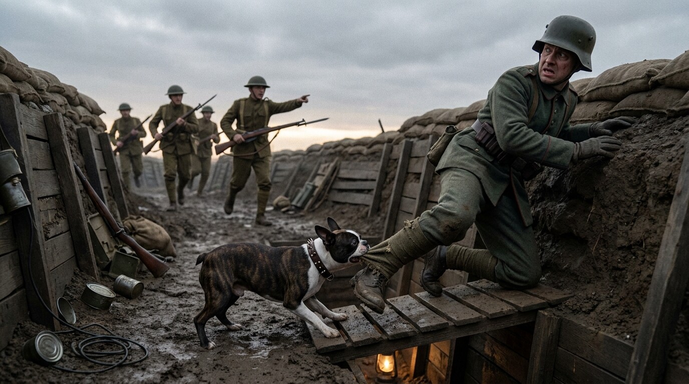 The German infiltrator incident: Stubby has seized a German soldier by the leg or clothing in a darkened trench or field, holding him in place while the infiltrator struggles and American soldiers converge in the background.