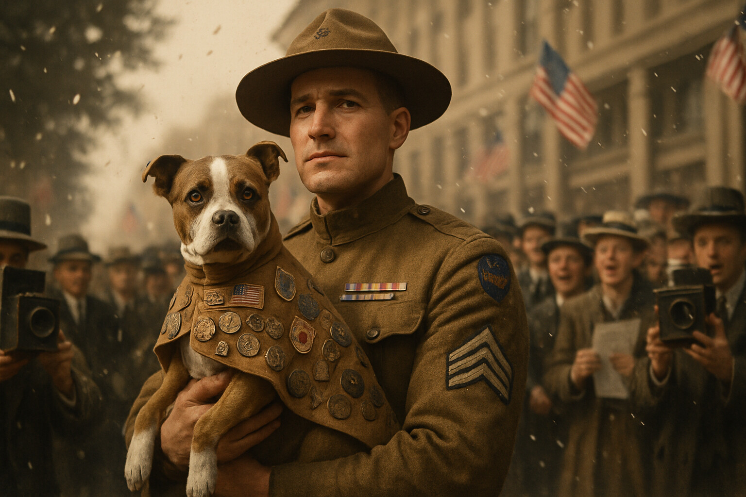Aftermath and record: Stubby wearing his chamois coat covered with insignia and decorations, held in Conroy's arms at a post-war parade, a crowd behind them, newspapers and cameras visible.