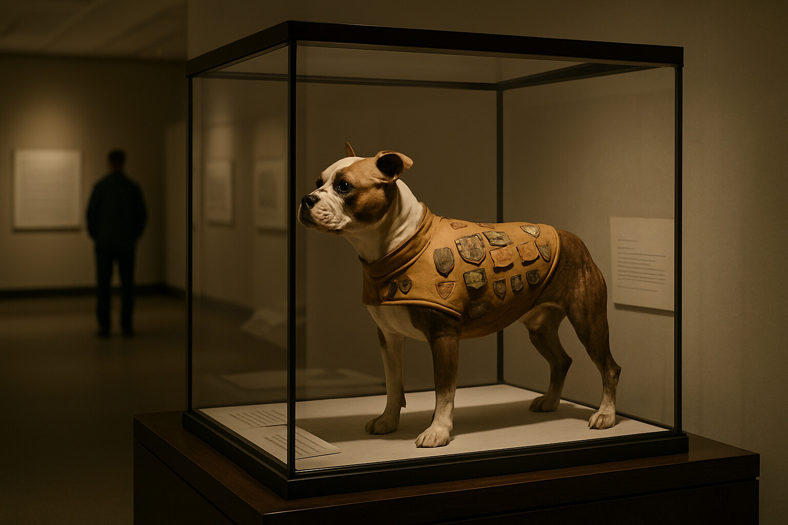 Legacy panel: Stubby's chamois coat and preserved form in a museum display case at the Smithsonian, soft museum light, institutional quiet, the physical survival of the story.