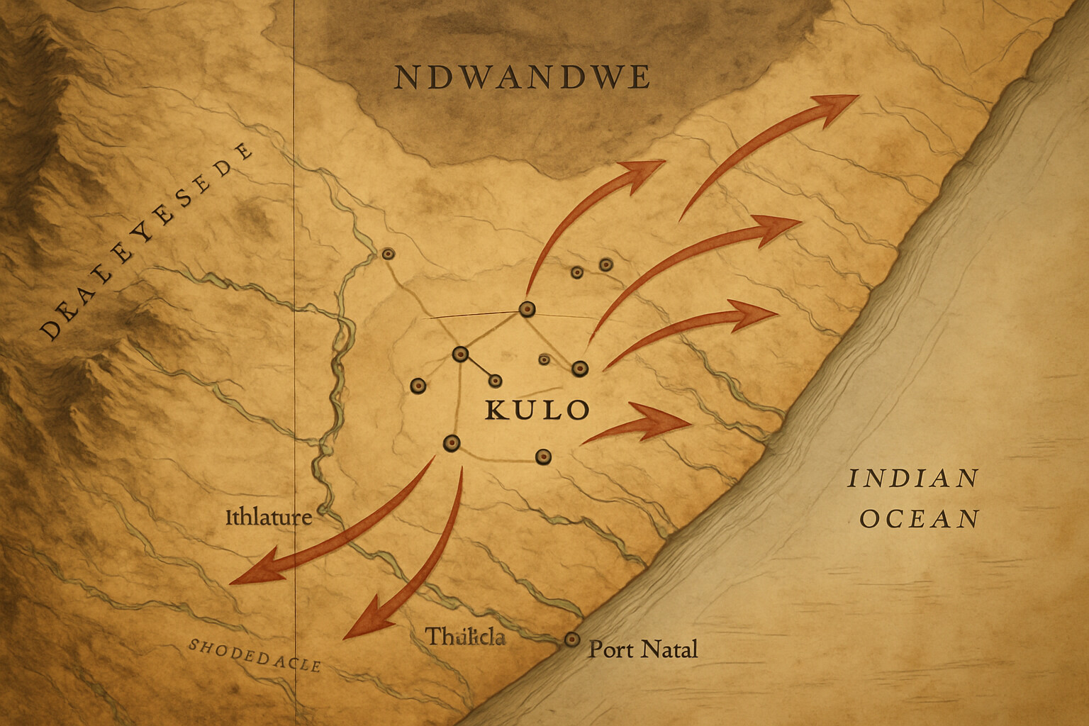 Map/route panel: Top-down illustrated map of the Zulu kingdom's expansion showing the core territory, major amakhanda, the Ndwandwe enemy zone, and campaign routes