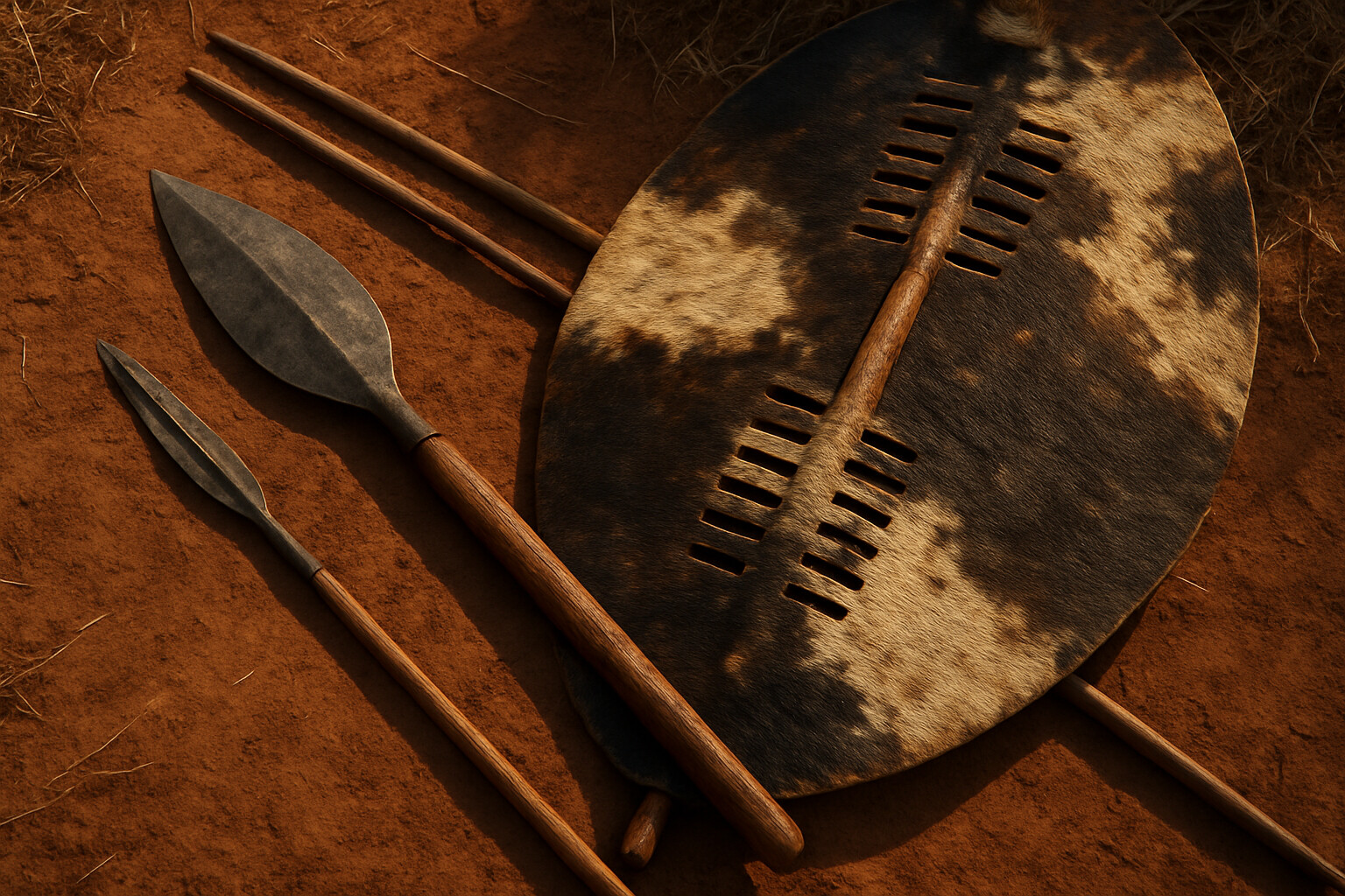 Equipment/weapon breakdown panel: Close detail of the iklwa stabbing spear and isihlangu war shield laid out on earth, showing the broad blade, short haft, and full-size oval cowhide shield