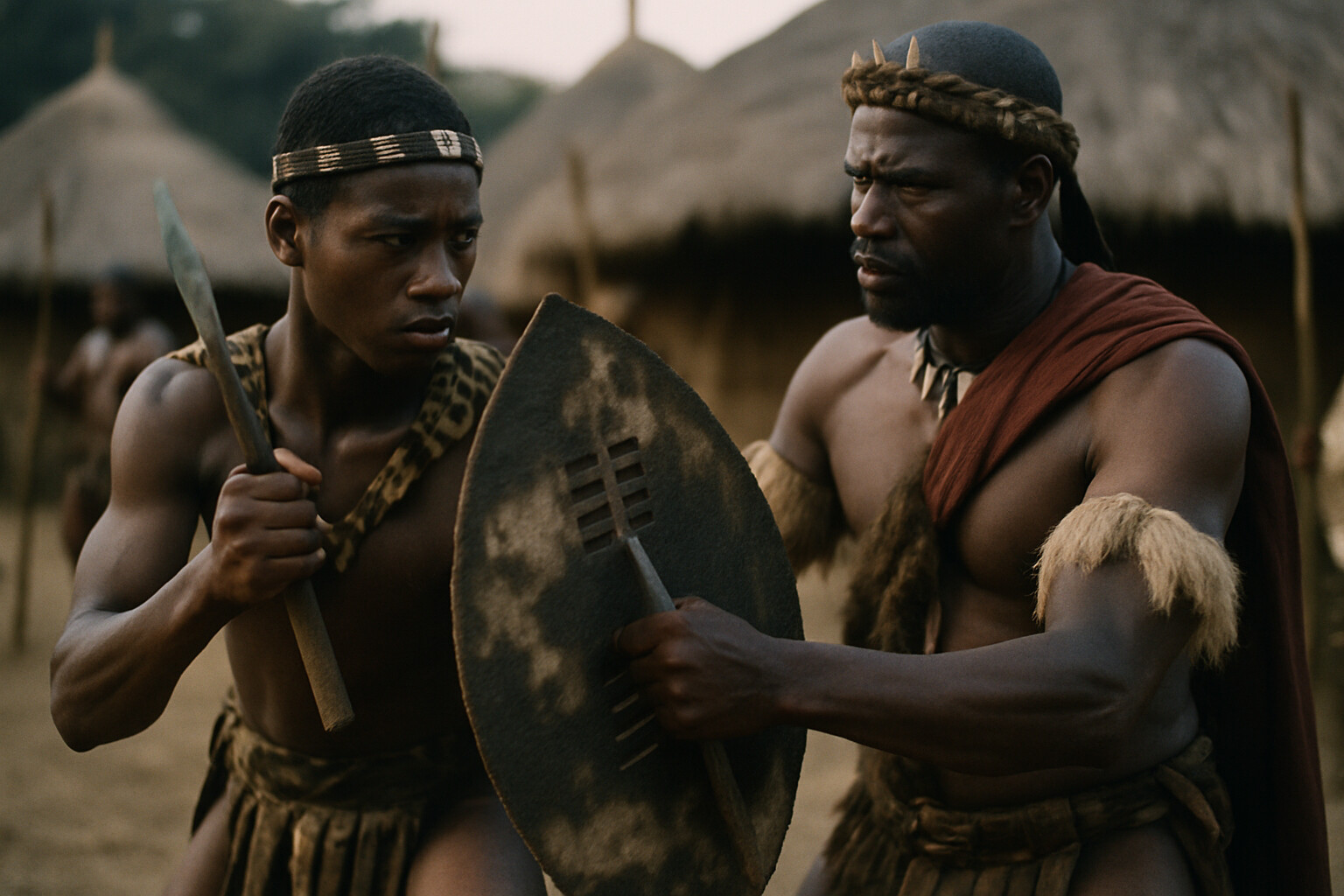 Intimate human scene: A young Zulu warrior in training, drilling the shield-hook technique under the instruction of a senior warrior at an amakhanda military town