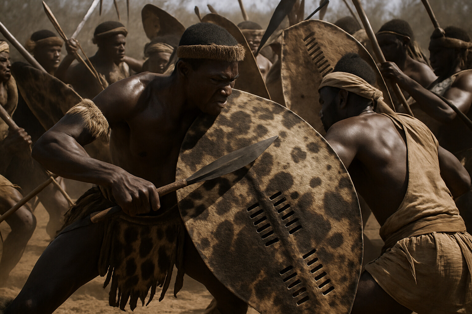 Close-combat action panel: The moment of the chest's impact with an enemy force—warriors in close quarters, shields locked, iklwa deployed in the stabbing stroke