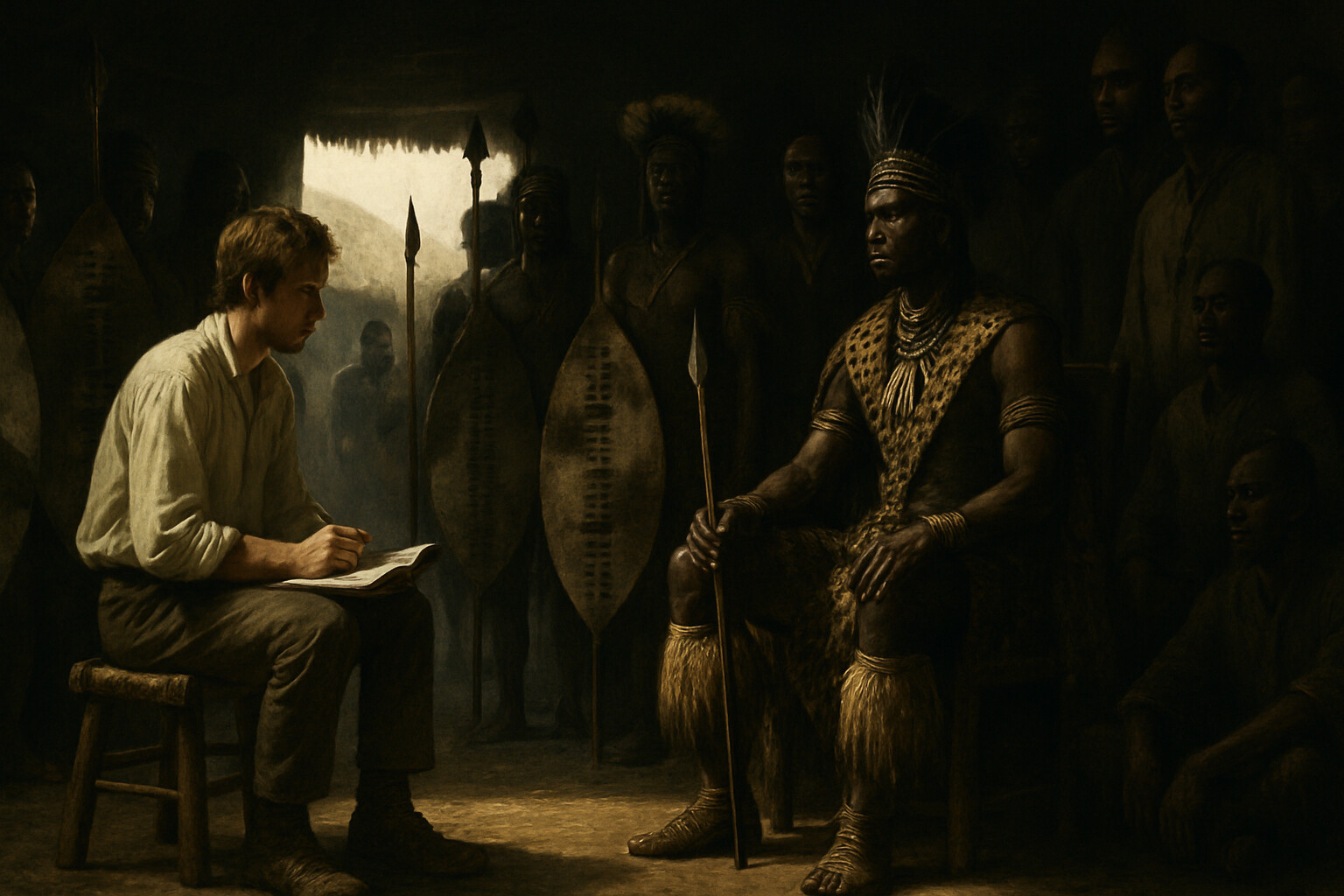 Aftermath and record scene: Henry Fynn at the Zulu court, seated before a gathering of warriors and advisors, being received by Shaka—the European observer in the African military state