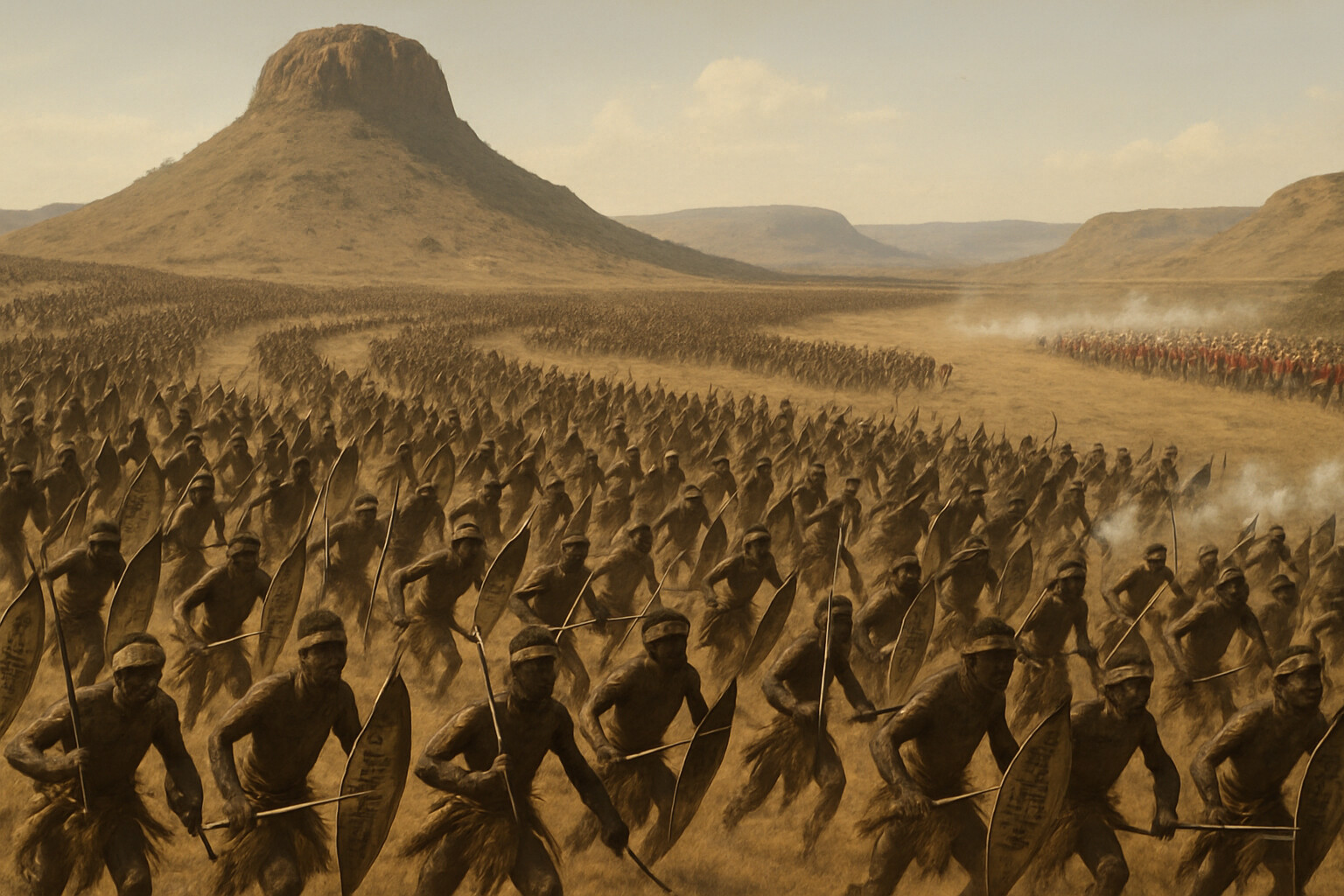 Legacy panel: The Battle of Isandlwana, 1879—Zulu warriors closing on a British infantry position using the same bull-horn formation Shaka built, the visual connection between 1816 and 1879