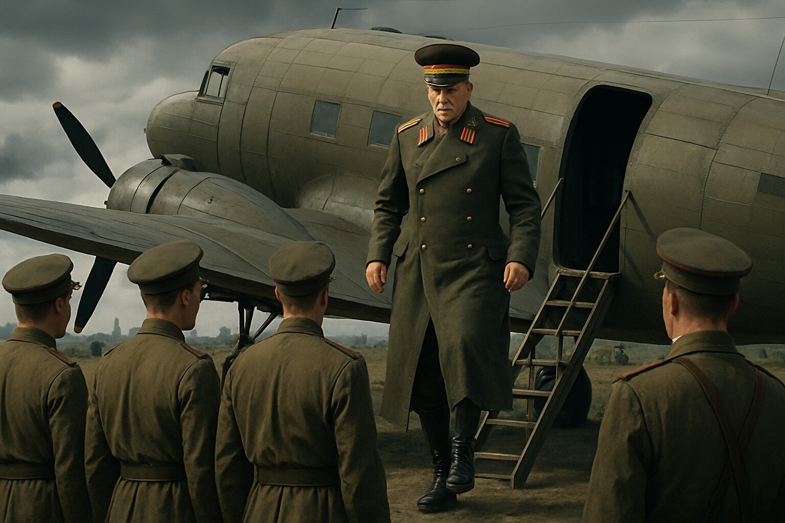 Zhukov's arrival: A Soviet general in a greatcoat steps down from a twin-engine aircraft at a Leningrad airfield in early September 1941. Officers await him on the tarmac. Antiaircraft guns are visible at the airfield perimeter. The city skyline is distantly visible, with smoke rising from recent German bombardment.