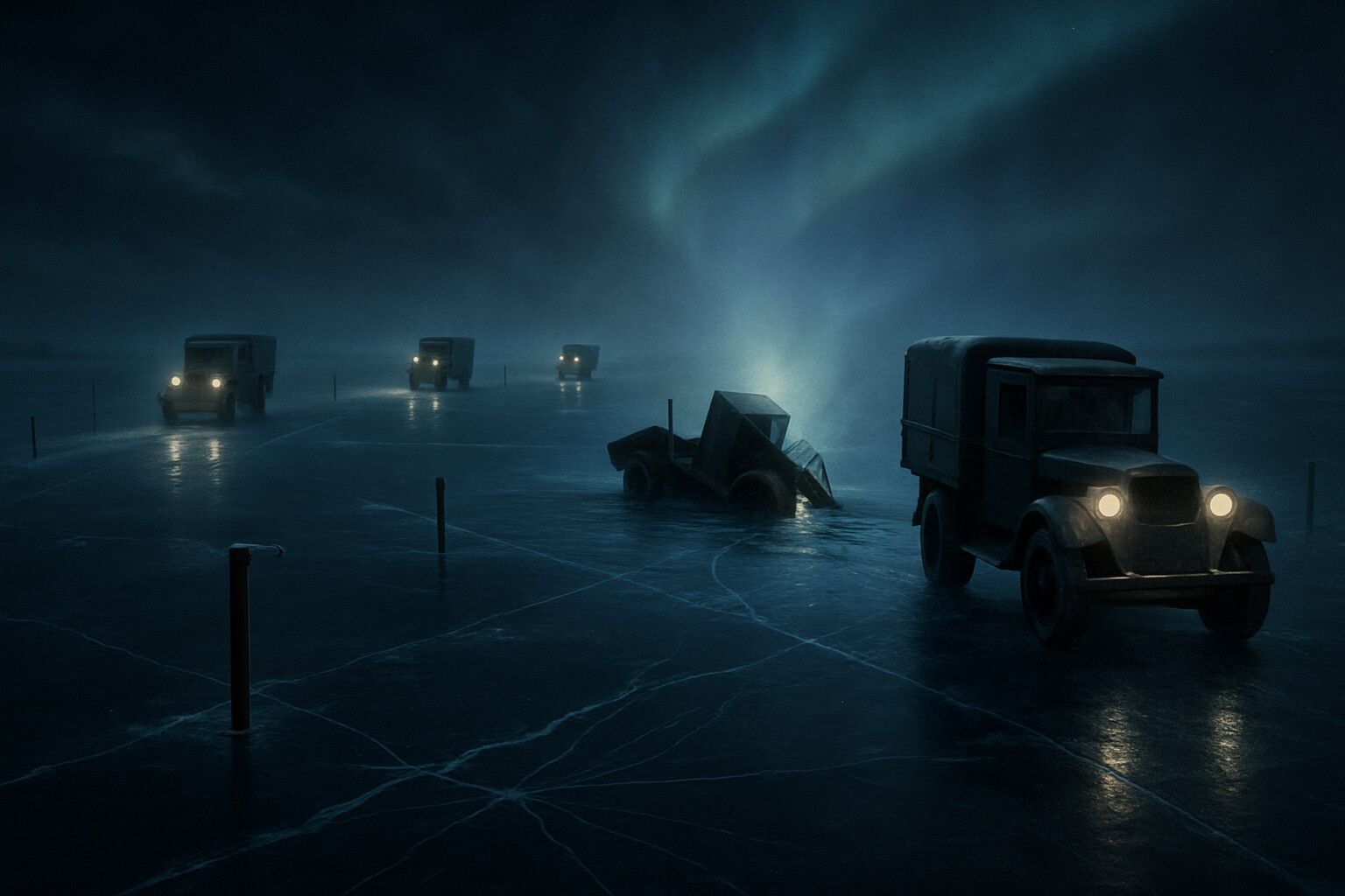 The Road of Life: A convoy of Soviet cargo trucks drives across the frozen Lake Ladoga at night in winter 1941-42. The trucks are widely spaced. Ice cracks are visible near the road markers. One truck in the middle distance has broken through the ice, its rear wheels submerged, the driver attempting to escape. Northern lights or searchlights illuminate the scene partially.