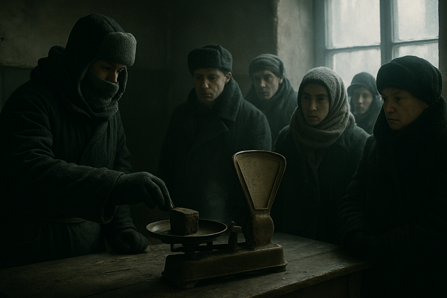 The bread ration: Interior of a Leningrad bread distribution point in winter 1941-42. A state employee behind a counter cuts and weighs a 125-gram bread ration on a scale. An elderly man and a child wait on the other side of the counter, their faces showing hunger and cold. The bread itself is dark and dense. Other civilians queue out the door behind them.