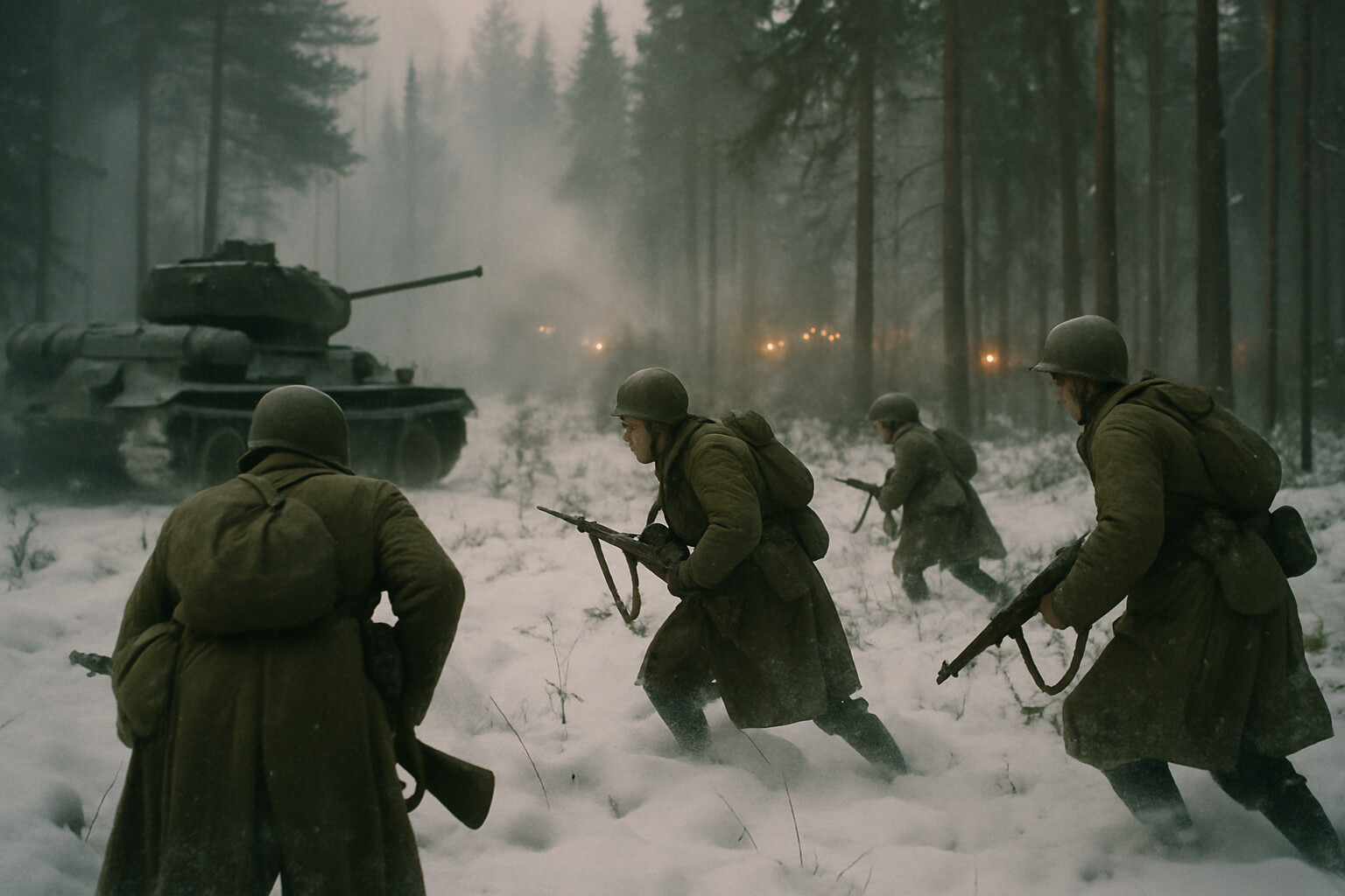 Operation Spark, January 1943: Soviet infantry assault through snow-covered forest and swamp terrain south of Lake Ladoga, supported by T-34 tanks. Artillery smoke hangs in the trees. German defensive positions are indicated by muzzle flashes in the tree line ahead.