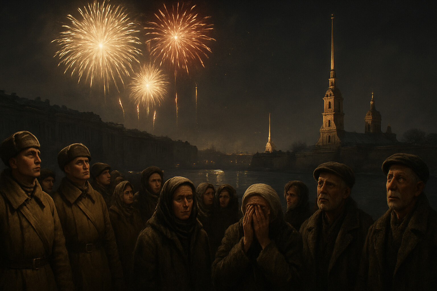 The Leningrad fireworks, January 27, 1944: Fireworks explode over the Neva River and the city's skyline as survivors watch from streets and rooftops. The Winter Palace and the Peter and Paul Fortress spire are visible in the background. People in the foreground include soldiers, civilians in worn clothing, and elderly residents. Some are crying. The city is still battered but intact.