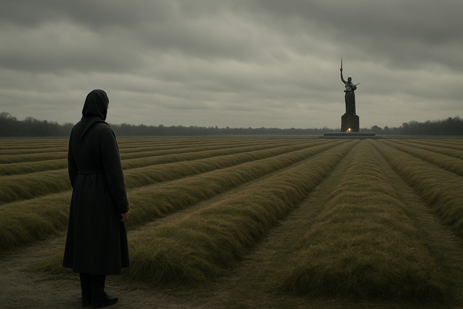 Piskaryovskoye Memorial Cemetery, post-war: A wide, flat field of long grass-covered mounds stretching to the horizon under an overcast sky. A single visitor—a middle-aged woman in a headscarf—stands at the edge of one mound, looking across the field. In the distance, the memorial statue and eternal flame are visible. The scale of the mass graves communicates the number of the dead.