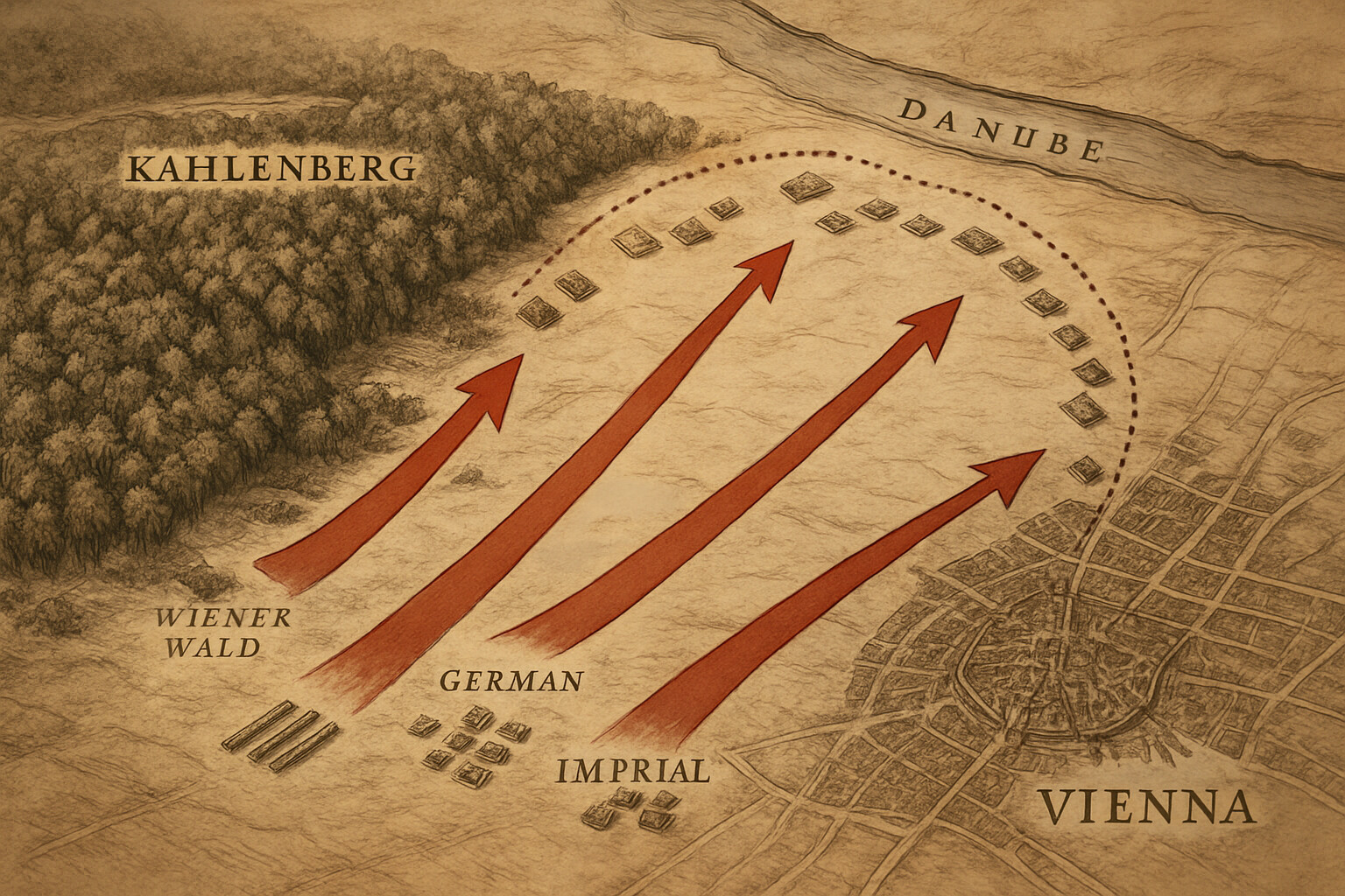 Map and route visual: The tactical situation from above, showing the Kahlenberg ridge, the Wienerwald, the Vienna plain, the arc of the Ottoman siege camp, and the directional arrows of the allied advance.