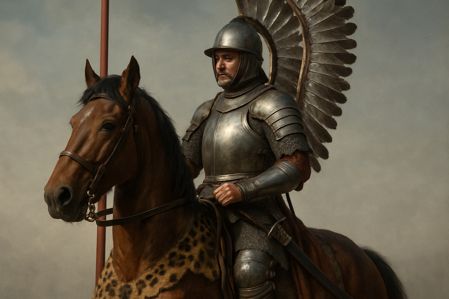Equipment detail: A close-up study of the Polish winged hussar — the full armor, the wings rising behind the rider, the kopia lance at rest, the szabla saber at the hip, the horse barded and powerful.
