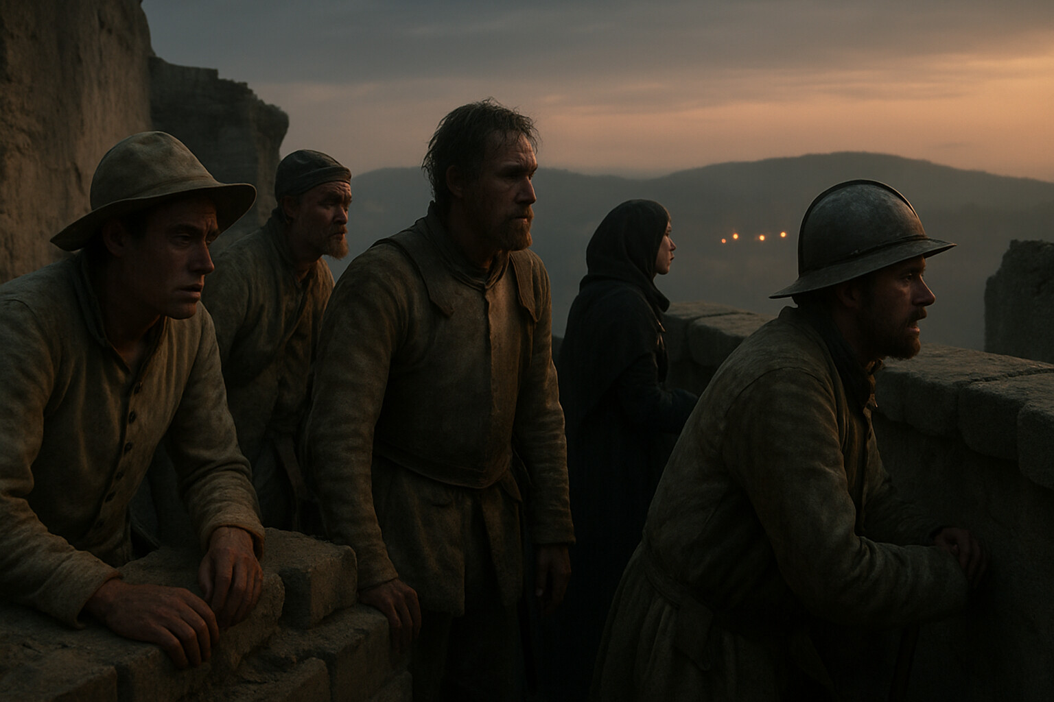 Intimate human scene: Inside the walls of Vienna at first light on September 12. Exhausted garrison soldiers and civilians watch signal fires on the Kahlenberg ridge visible through a breach in the wall or from a high parapet, allowing themselves to believe relief has come.