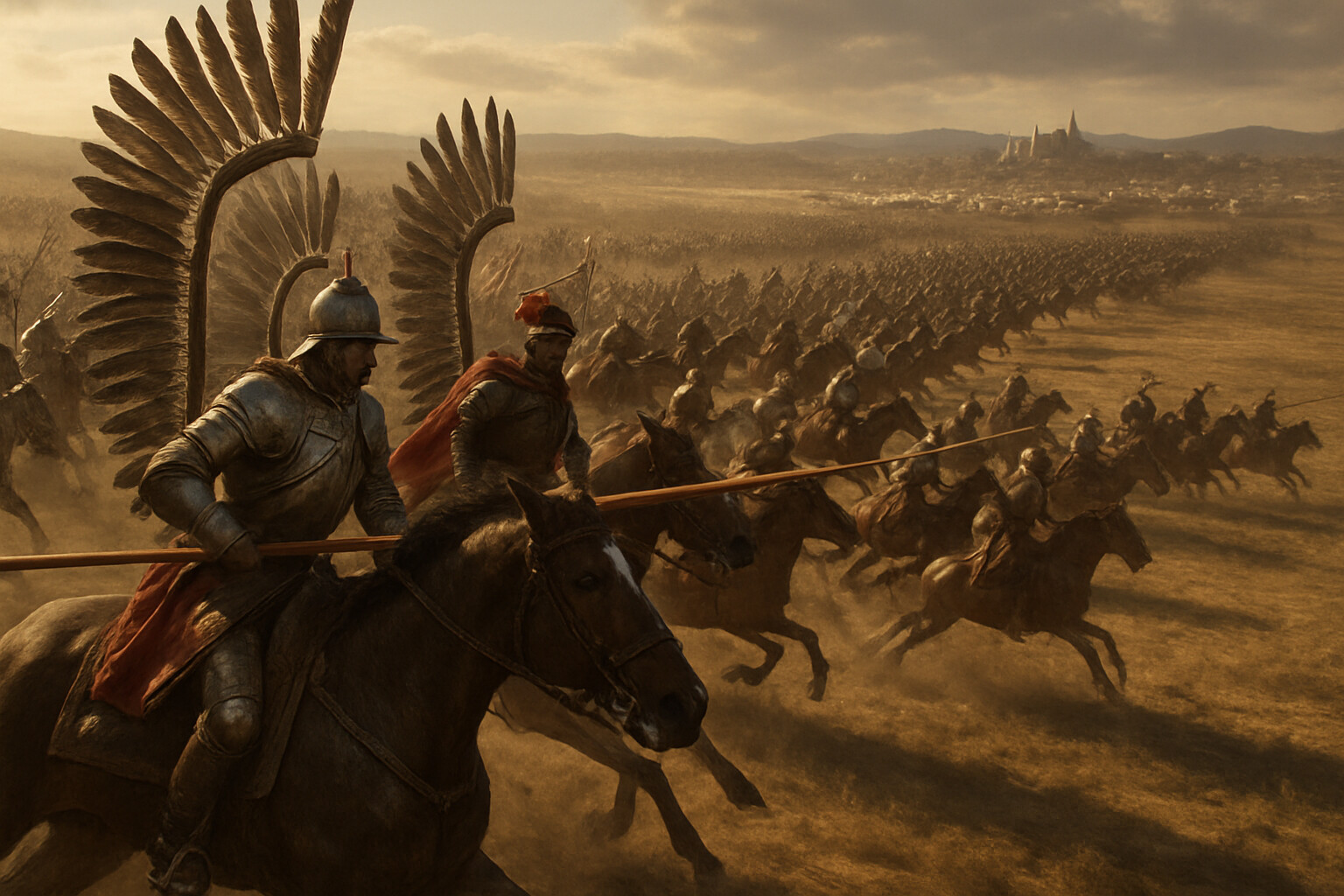 The charge: The climactic moment — thousands of winged hussars and allied cavalry sweeping down the final slope and across the plain in a massive formation, the Ottoman camp in the background, the charge at full speed.