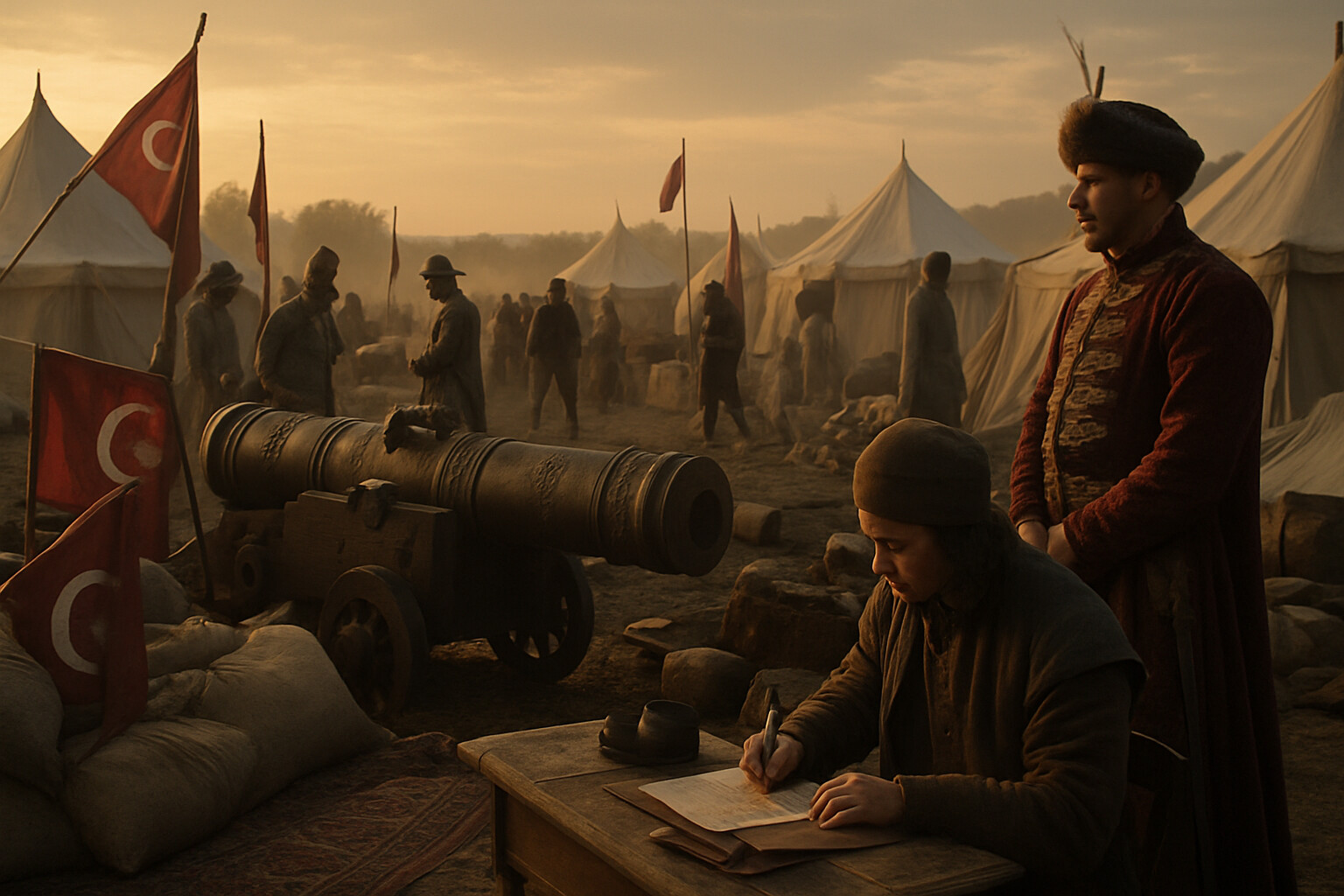 Aftermath and record: The Ottoman camp in the evening after the battle — captured cannon, abandoned tents, flags, and the detritus of a two-month siege operation, with allied soldiers moving through it and a scribe or officer recording the captured inventory.