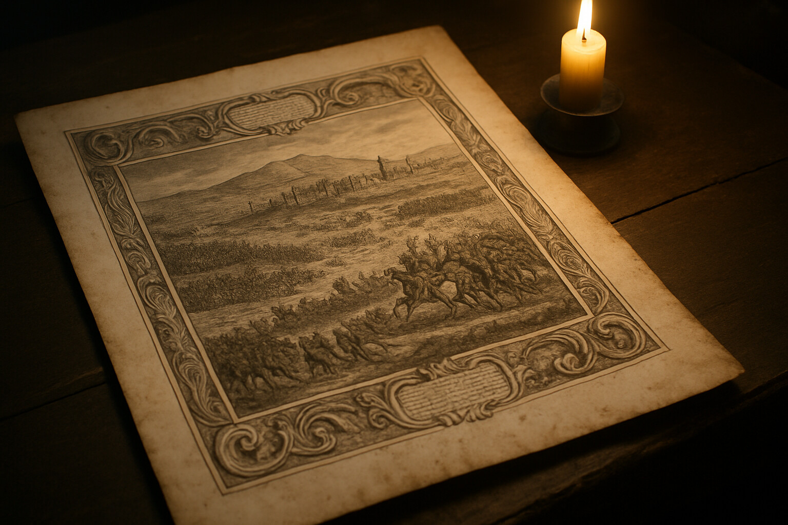Legacy and source: A period engraving or illustrated manuscript page depicting the battle, shown as a physical artifact — the kind of primary source that historians examine to understand what witnesses recorded. A document, a letter, or a printed broadsheet from 1683.