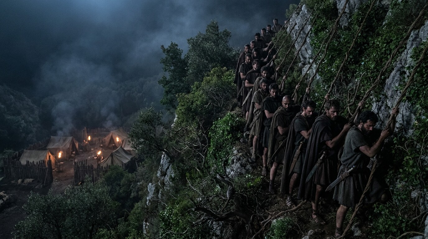 The slope of Mount Vesuvius: rebels descending the far side on vine ropes in darkness, preparing to attack Glaber's Roman camp below from the rear. Steep terrain, torchlight in the camp below, dim moonlight.