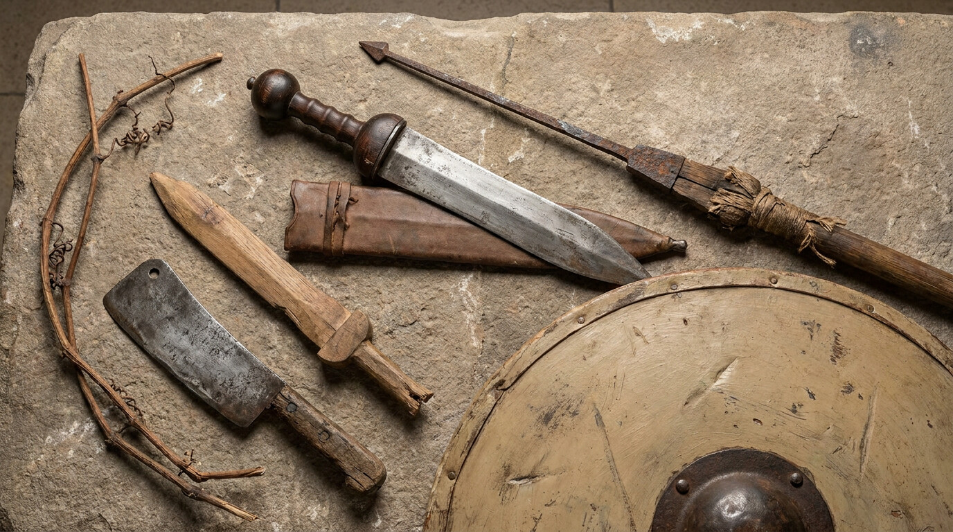 Equipment breakdown panel: a visual spread of captured Roman legionary equipment—gladius, pilum, scutum—shown in detail alongside improvised gladiatorial weapons from the early revolt. A stone surface, neutral light.