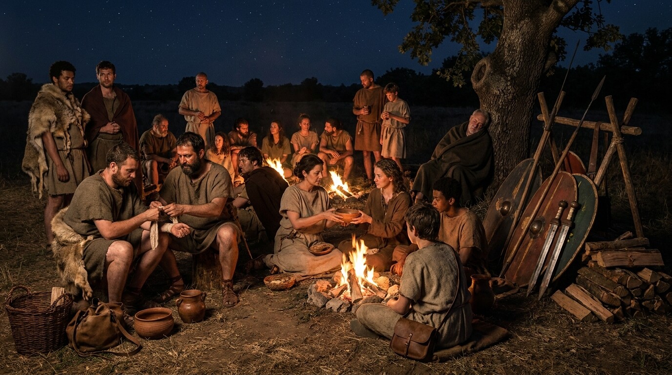 Intimate human scene: the rebel camp at night somewhere in the Campanian countryside. A diverse group of escaped slaves—men and women, various ages and origins—gathered around fires. Not soldiers at this moment, but people.