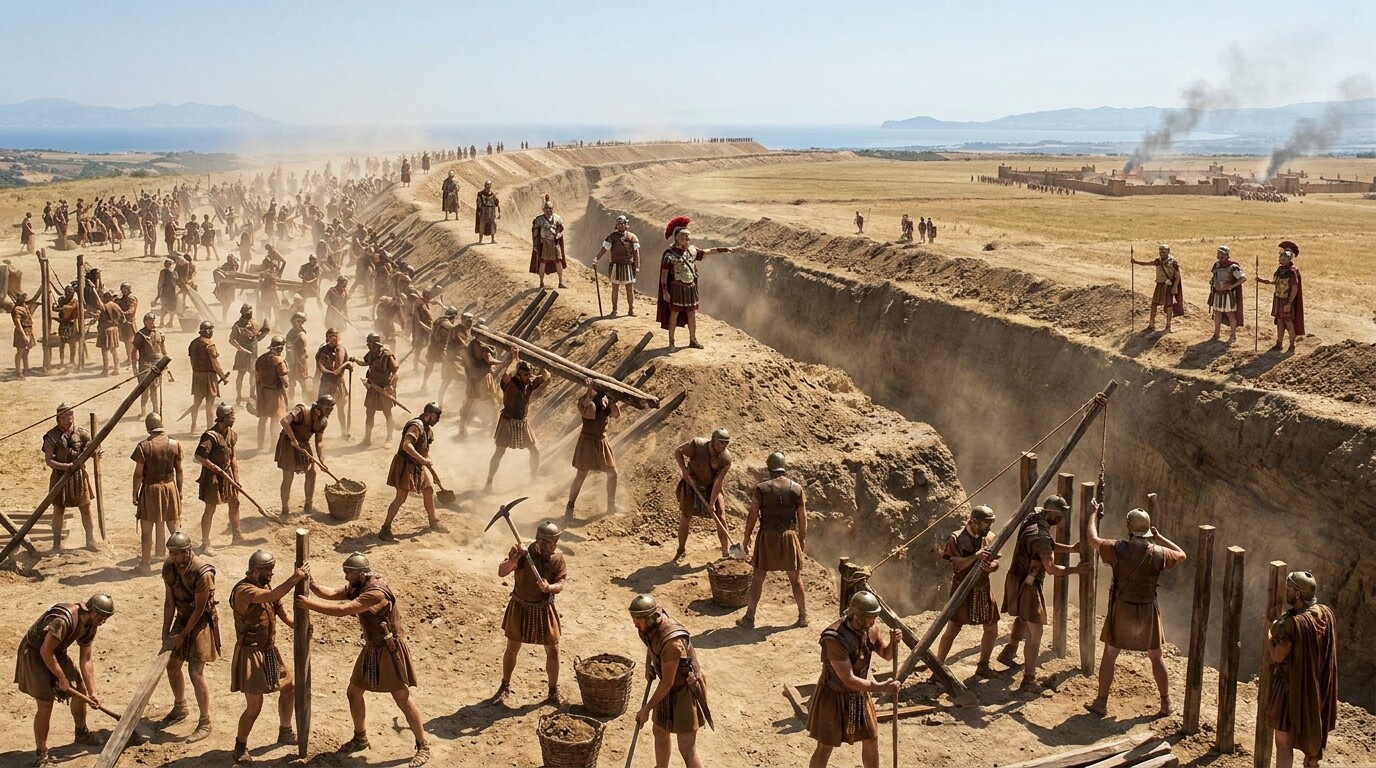 Crassus's legions constructing the fortification ditch across the Bruttian peninsula: thousands of soldiers digging, carrying earth, driving stakes under officer supervision. Scale and organized labor as military tool.