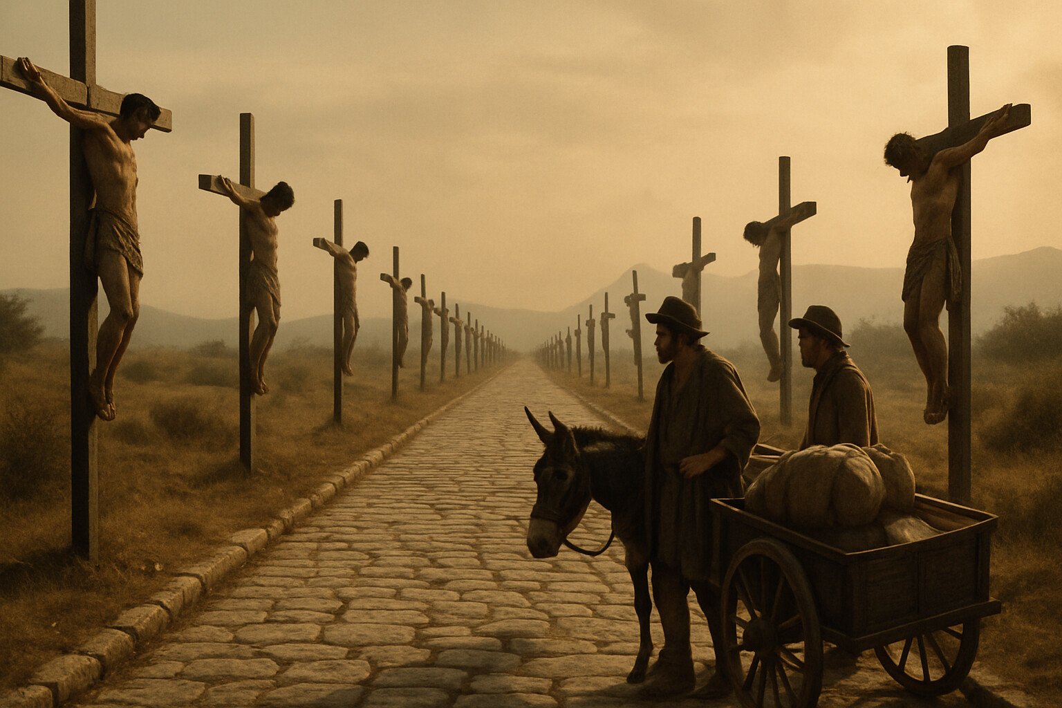 The Appian Way aftermath: stone road stretching to the horizon lined on both sides with crucified prisoners at regular intervals. A traveling merchant and his mule stop and look. Rome's message, made permanent.