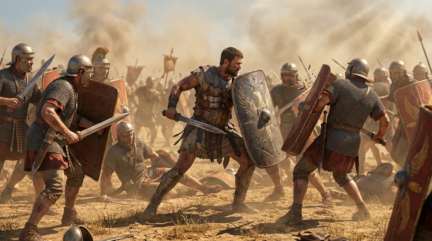 The final battle in Lucania: Spartacus fighting forward through a press of soldiers toward the Roman lines, surrounded, still moving into the fight. The moment ancient sources describe—a man who fought until he fell.