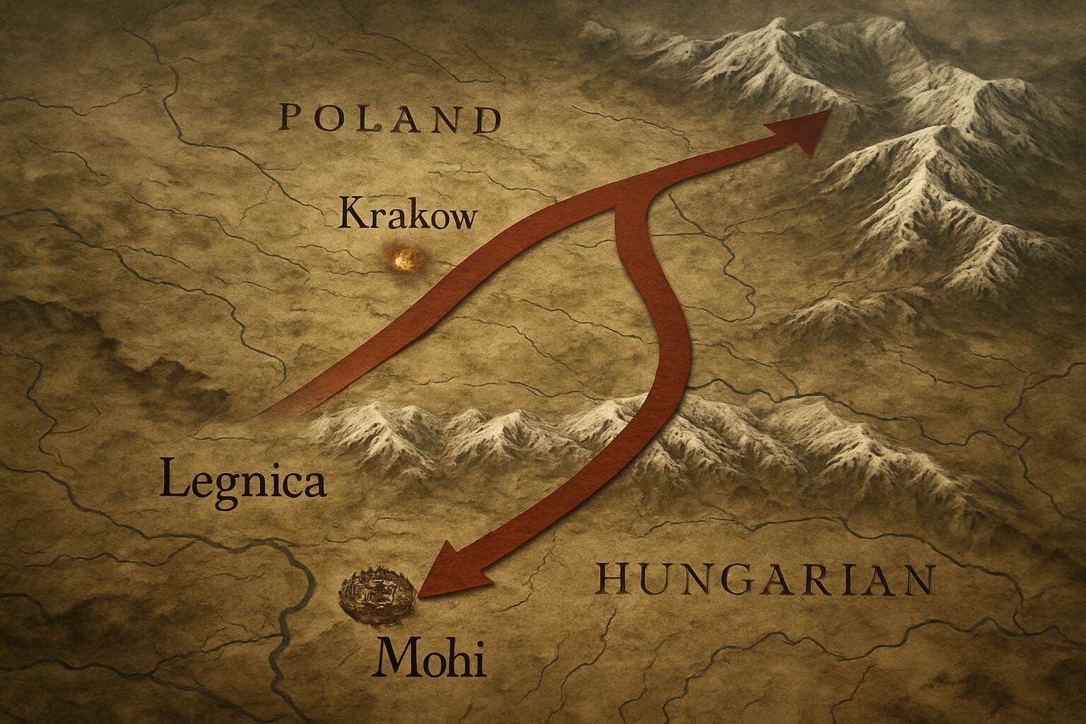 Wide operational map view establishing the two-column strategy: a illustrated period-style map showing the Mongol campaign route split across Poland and Hungary, with Legnica and Mohi marked, conveying the geographic scope of the coordinated assault.