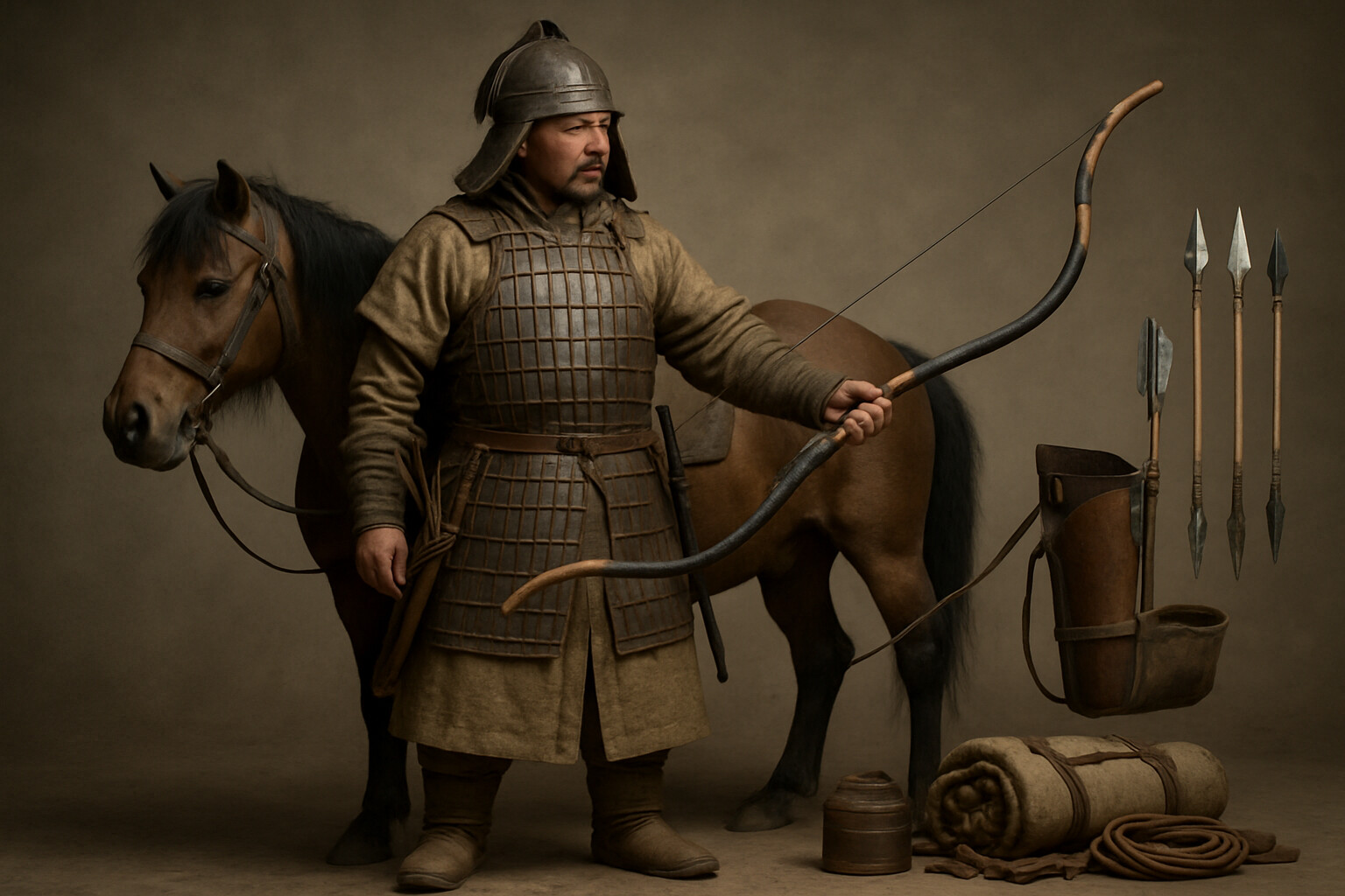 Equipment breakdown panel: A Mongol horse archer fully equipped for the 1241 campaign — composite recurve bow in detail, lamellar armor, layered clothing, quiver with multiple arrowhead types, short sword, and campaign gear laid out for visual inspection.