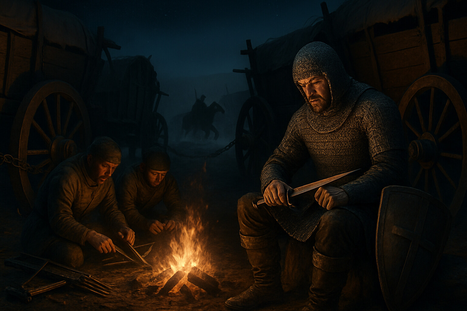 Intimate human moment: The Hungarian wagon-laager camp the night before Mohi — soldiers around fires, knights in partial armor maintaining their equipment, an atmosphere of uneasy vigilance before the Mongols strike.