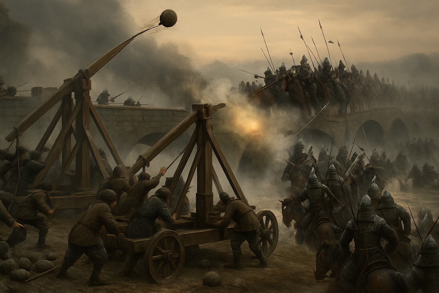 The Battle of Mohi at its decisive moment: Mongol catapults suppressing the stone bridge crossing while Batu Khan's cavalry forces the bridge under fire, and the encirclement begins to close from the flanks.