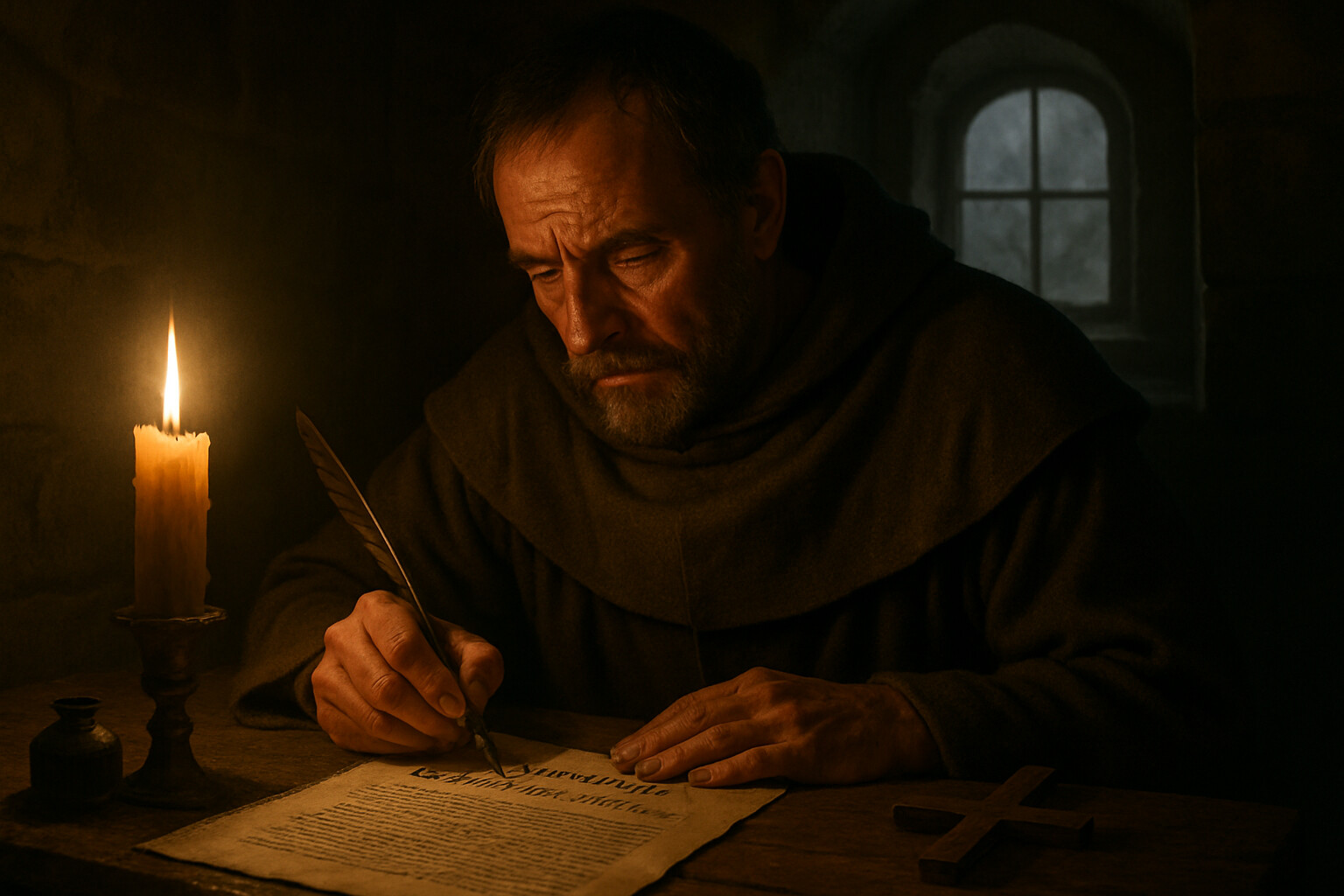 Aftermath and record: Roger of Torre Maggiore, survivor, sitting in a dim stone interior writing Carmen Miserabile — his firsthand account of the Mohi disaster — by candlelight, the manuscript before him, his expression haunted.