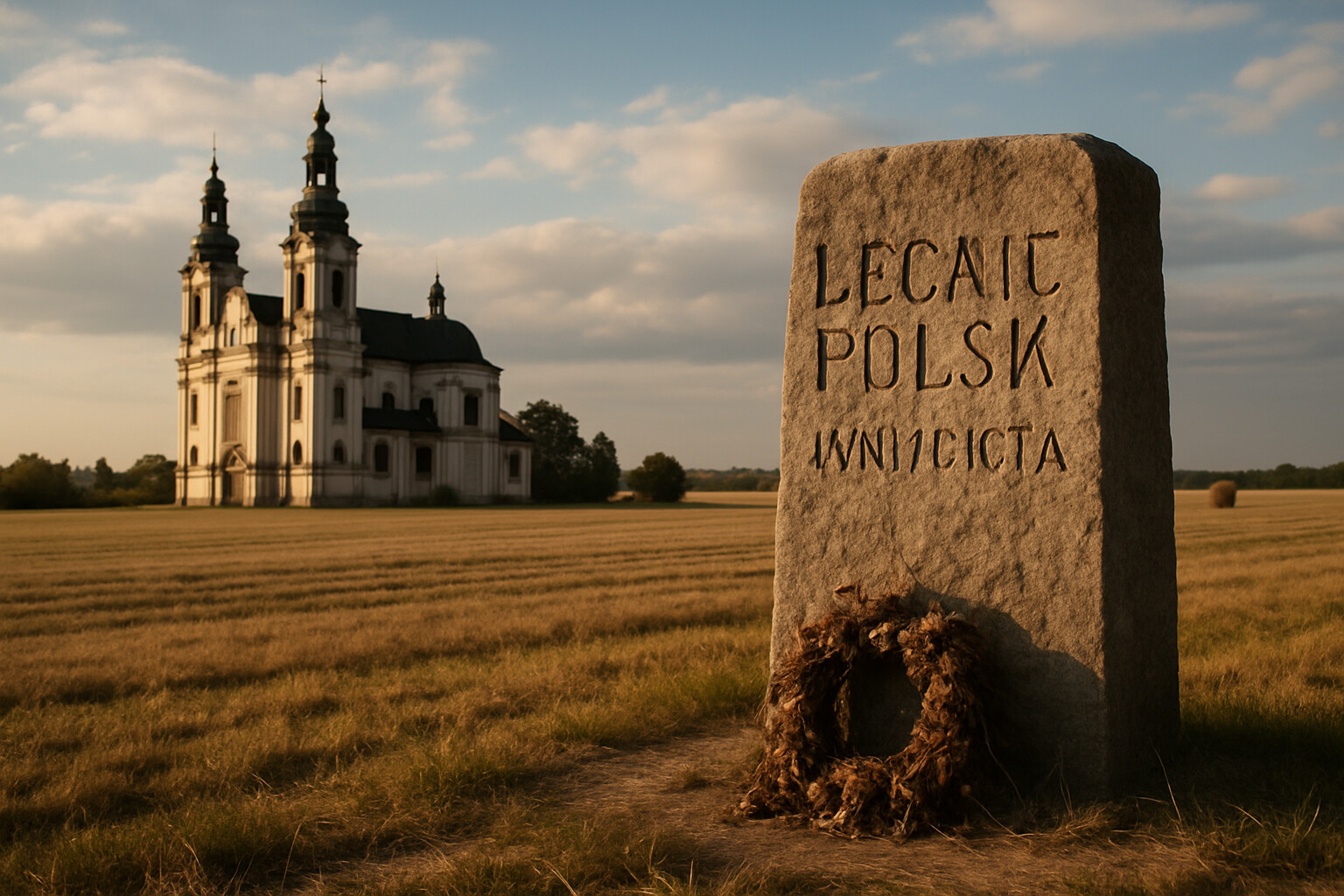 Legacy and memorial: The modern memorial at Legnickie Pole — the Church of Saint Jadwiga and the battle monument — in soft afternoon light, conveying the permanence of the memory of what happened on that field in 1241.