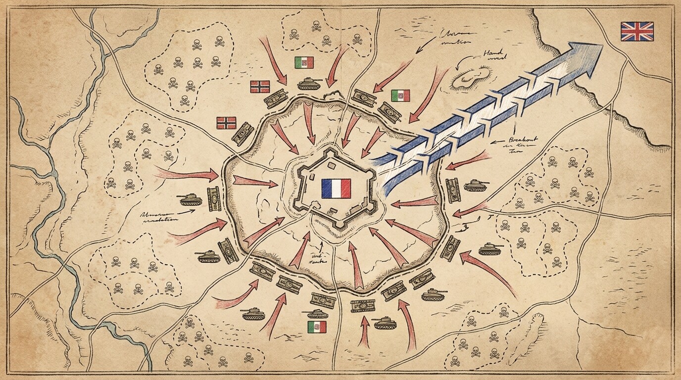 Aerial view map showing the tactical situation at Bir Hakeim - Free French positions surrounded by German and Italian forces
