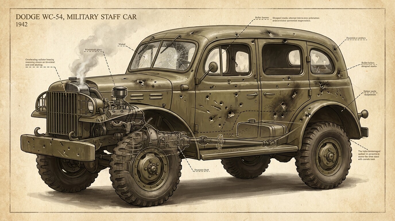 cutaway diagram of the Dodge WC-54 staff car showing battle damage and mechanical systems